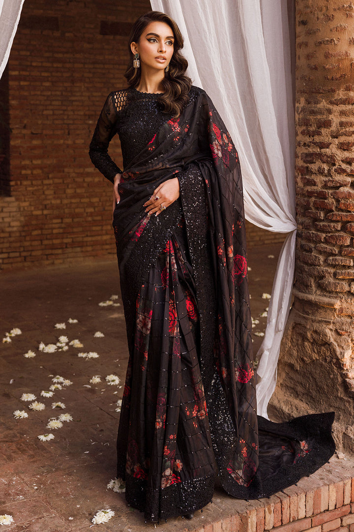 Pakistani Black Embroidered Tissue Silk Saree (3-Piece) - Image 1