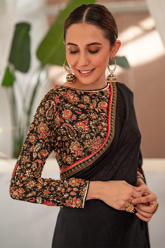 Black Hand-Embroidered Tissue Silk Saree (3-Piece) - Image 3