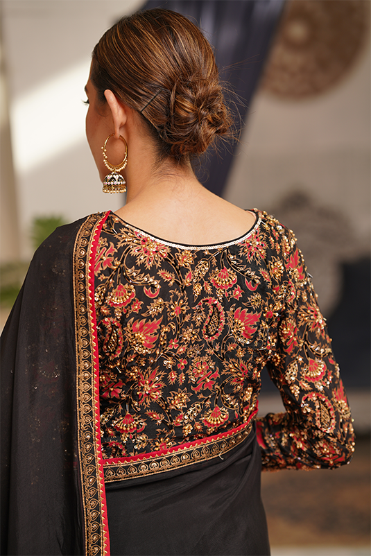 Black Hand-Embroidered Tissue Silk Saree (3-Piece) - Image 4