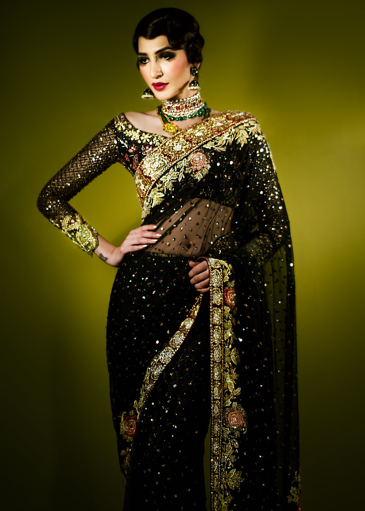 Pakistani Black Embellished Net & Velvet Saree (2-Piece) - Image 1