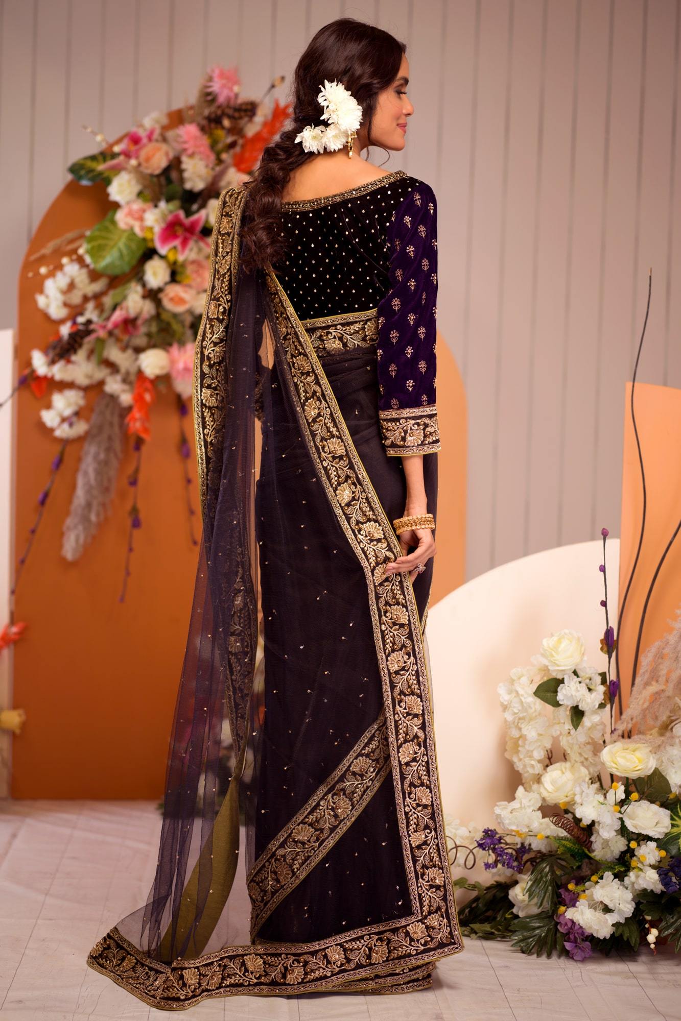 Pakistani Black Zardozi & Katdana Velvet Net Saree (3-Piece) - Image 3