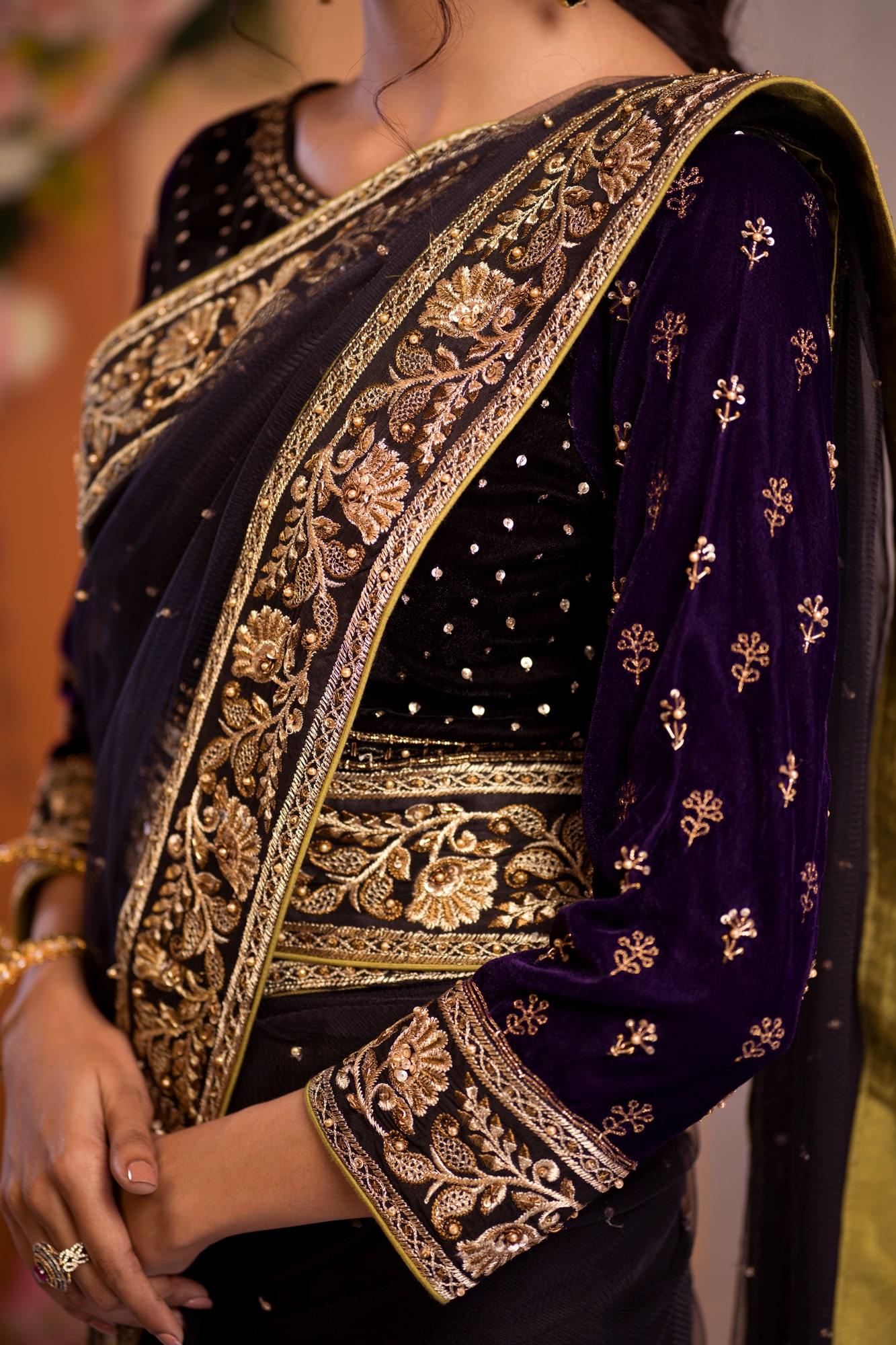 Black Zardozi & Katdana Velvet-Net Saree (3-Piece) - Image 5