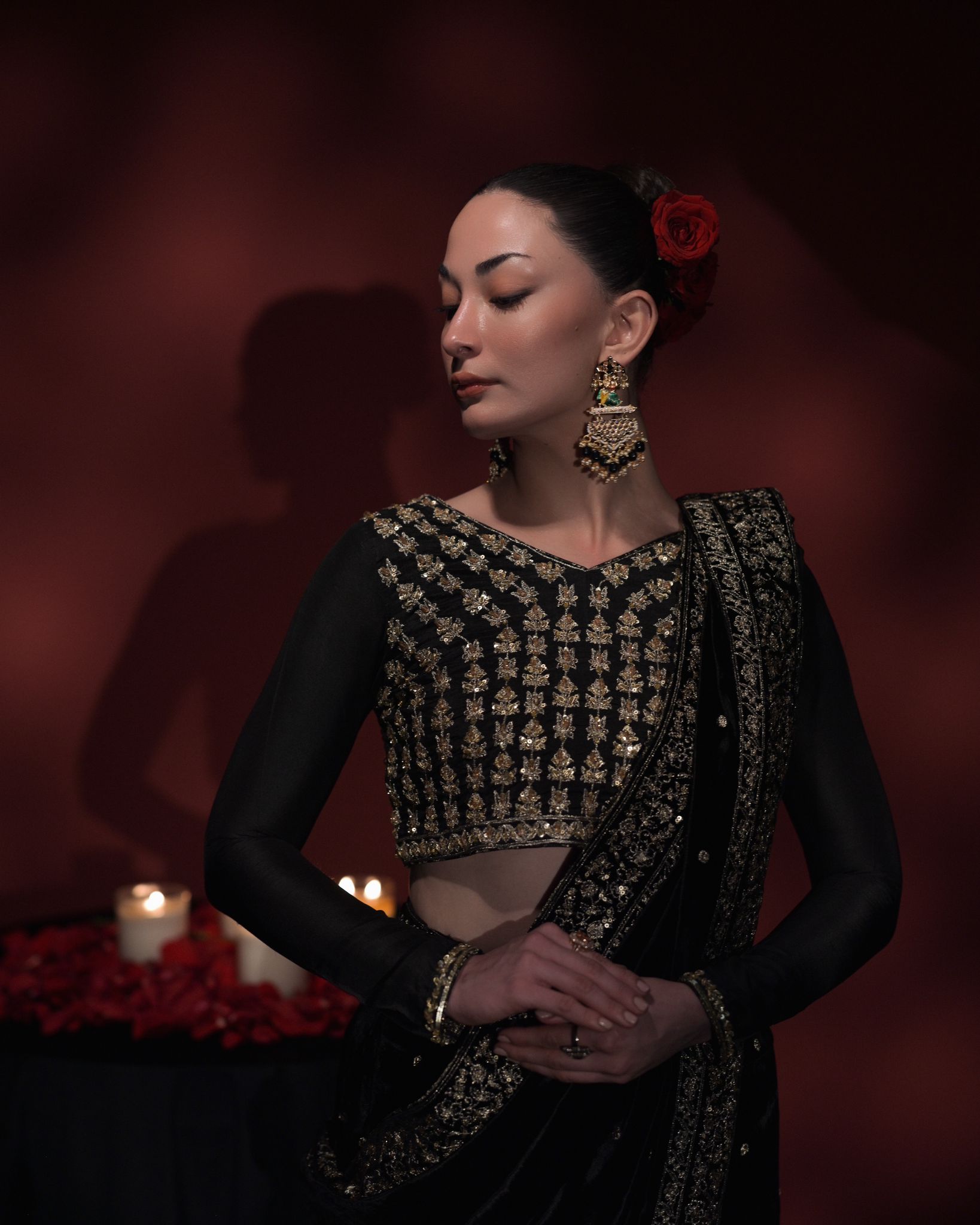 Pakistani Black Zari & Crystal Velvet Saree (2-Piece) - Image 10