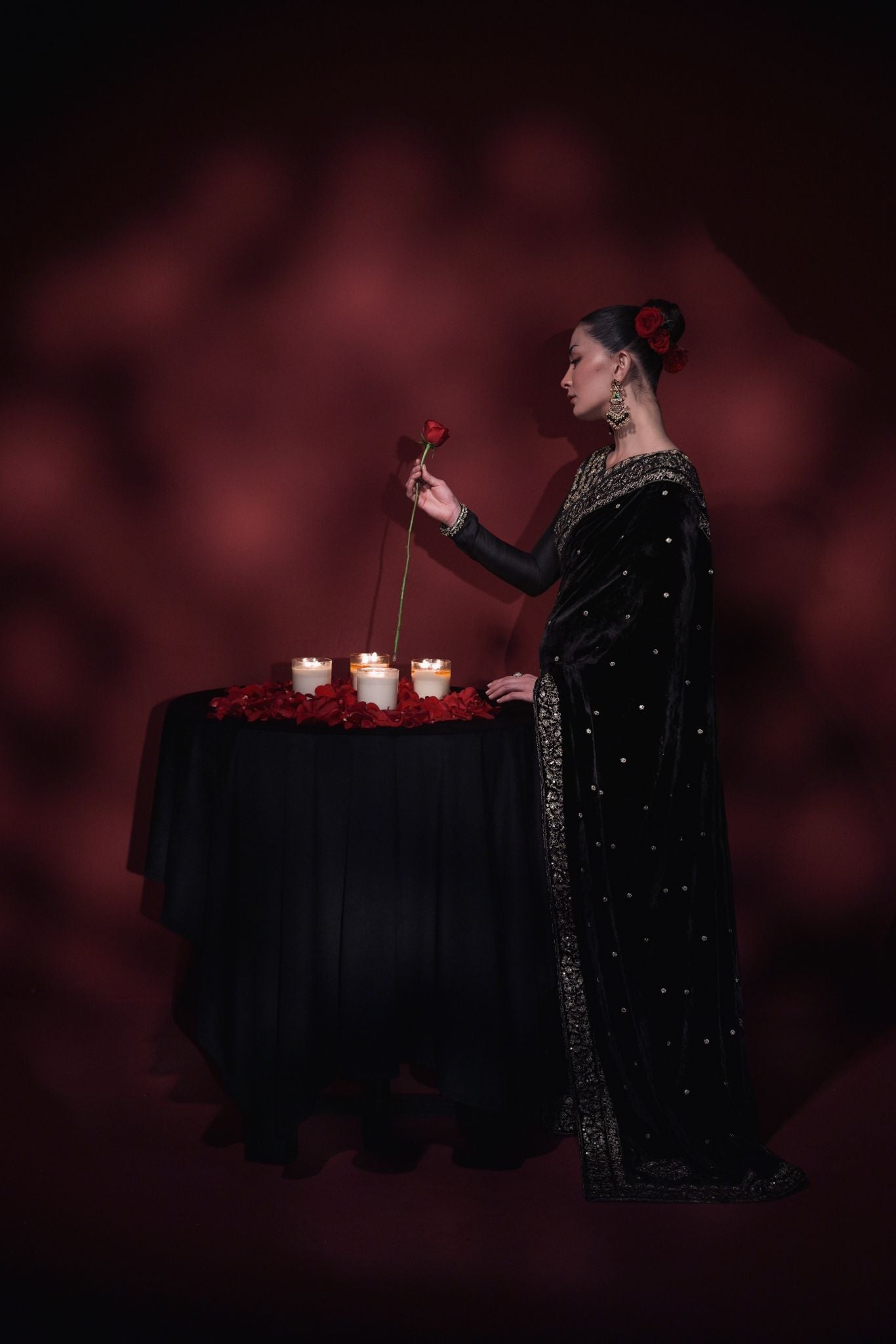 Pakistani Black Zari & Crystal Velvet Saree (2-Piece) - Image 11