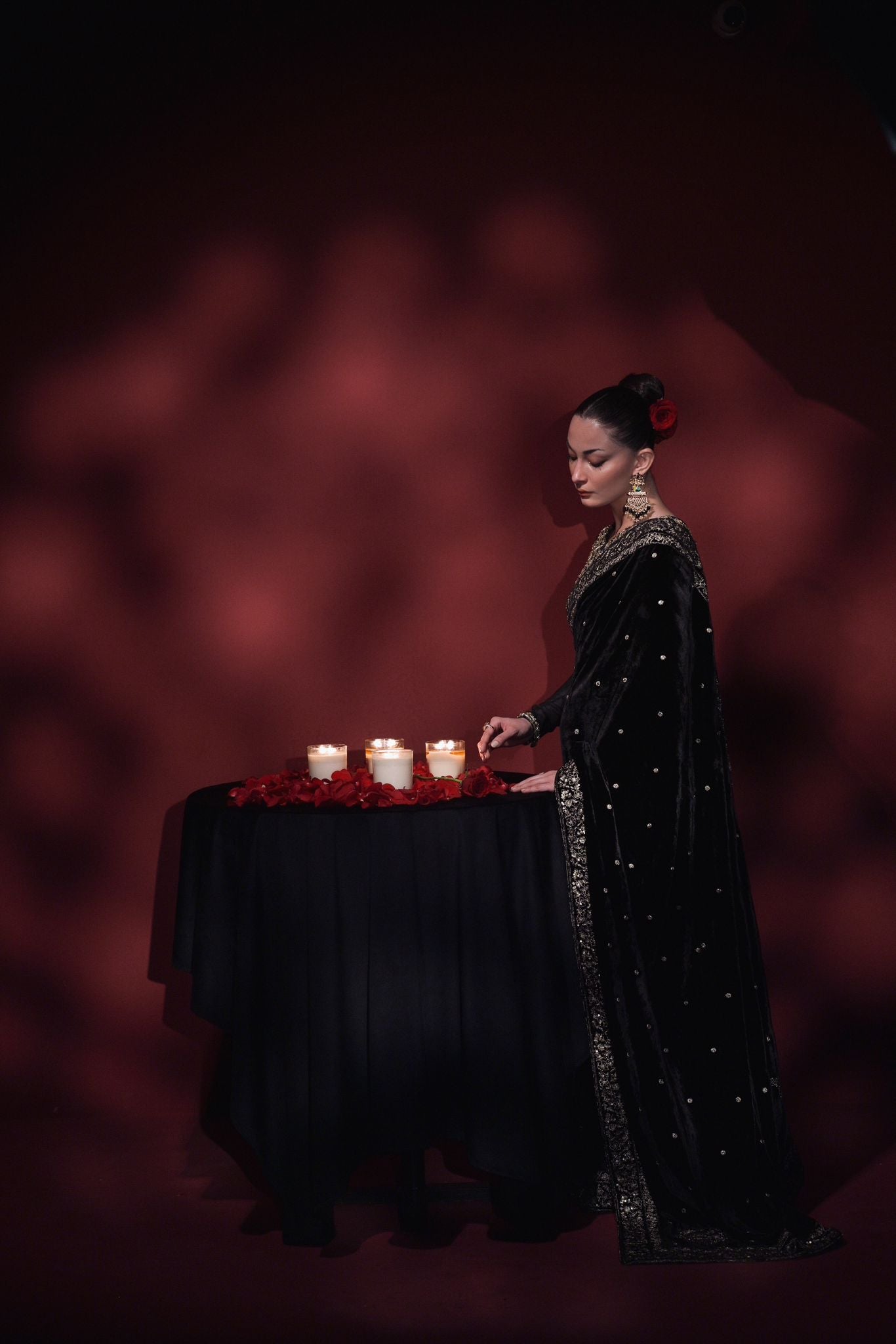 Pakistani Black Zari & Crystal Velvet Saree (2-Piece) - Image 2