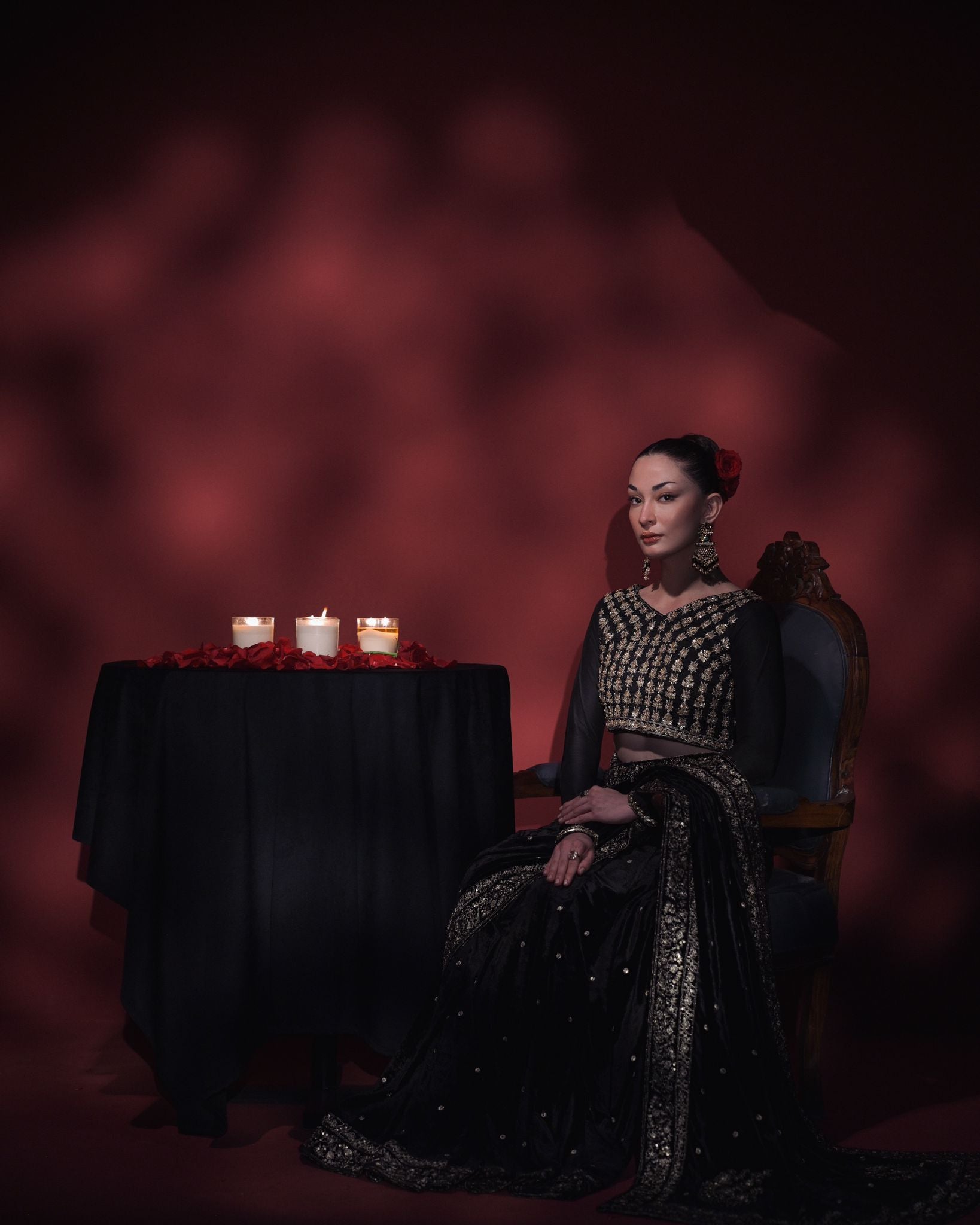 Pakistani Black Zari & Crystal Velvet Saree (2-Piece) - Image 3