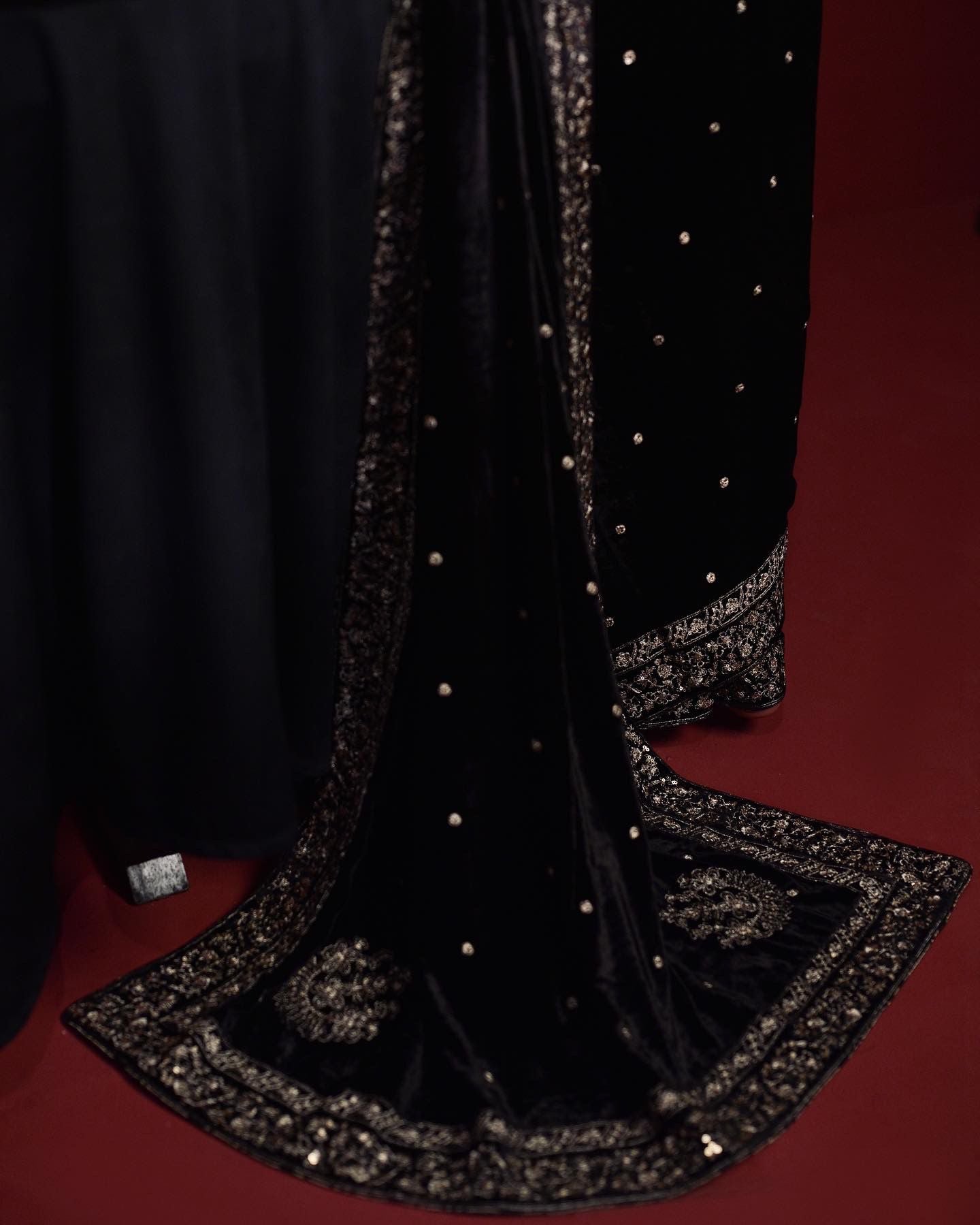 Pakistani Black Zari & Crystal Velvet Saree (2-Piece) - Image 5