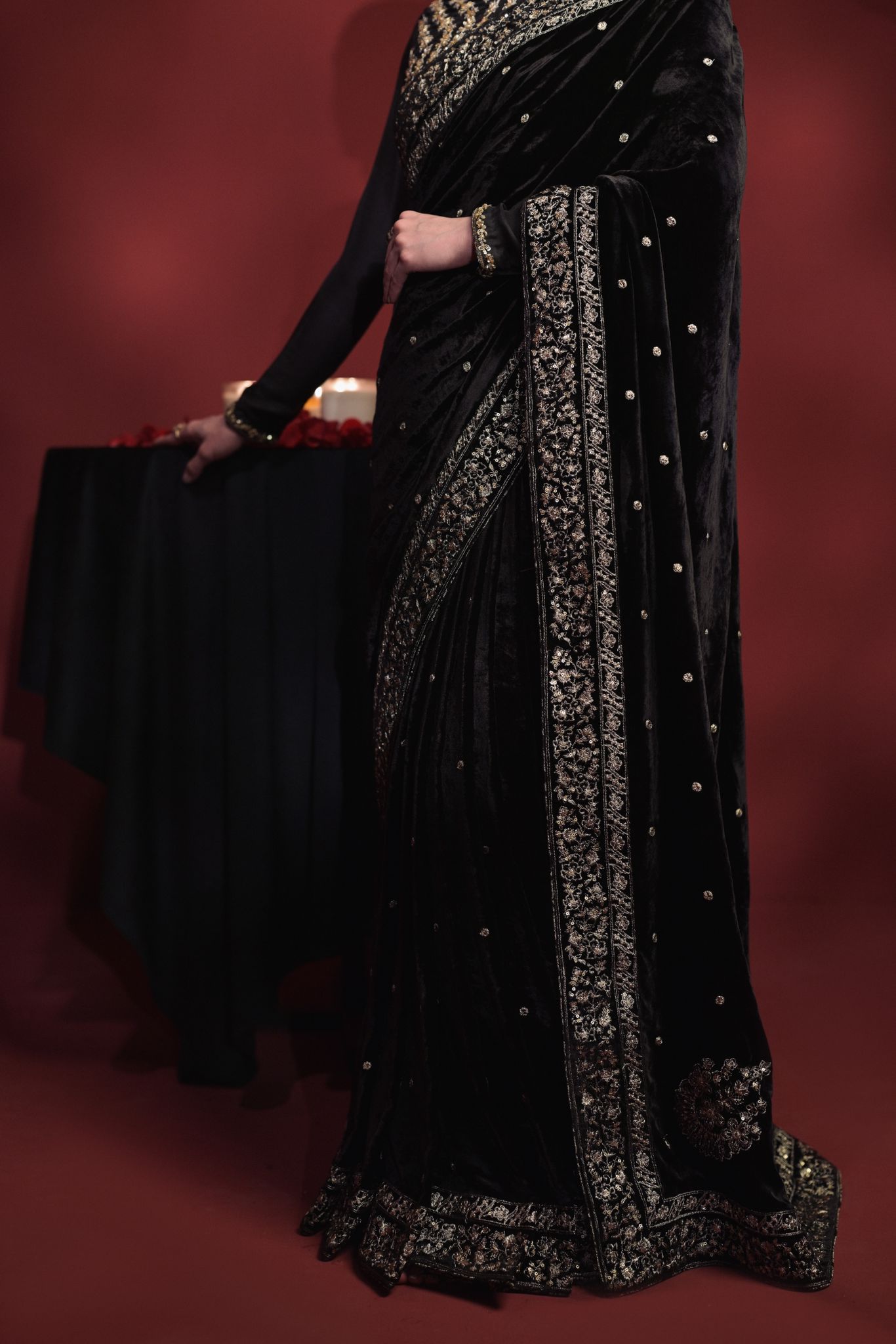 Pakistani Black Zari & Crystal Velvet Saree (2-Piece) - Image 7