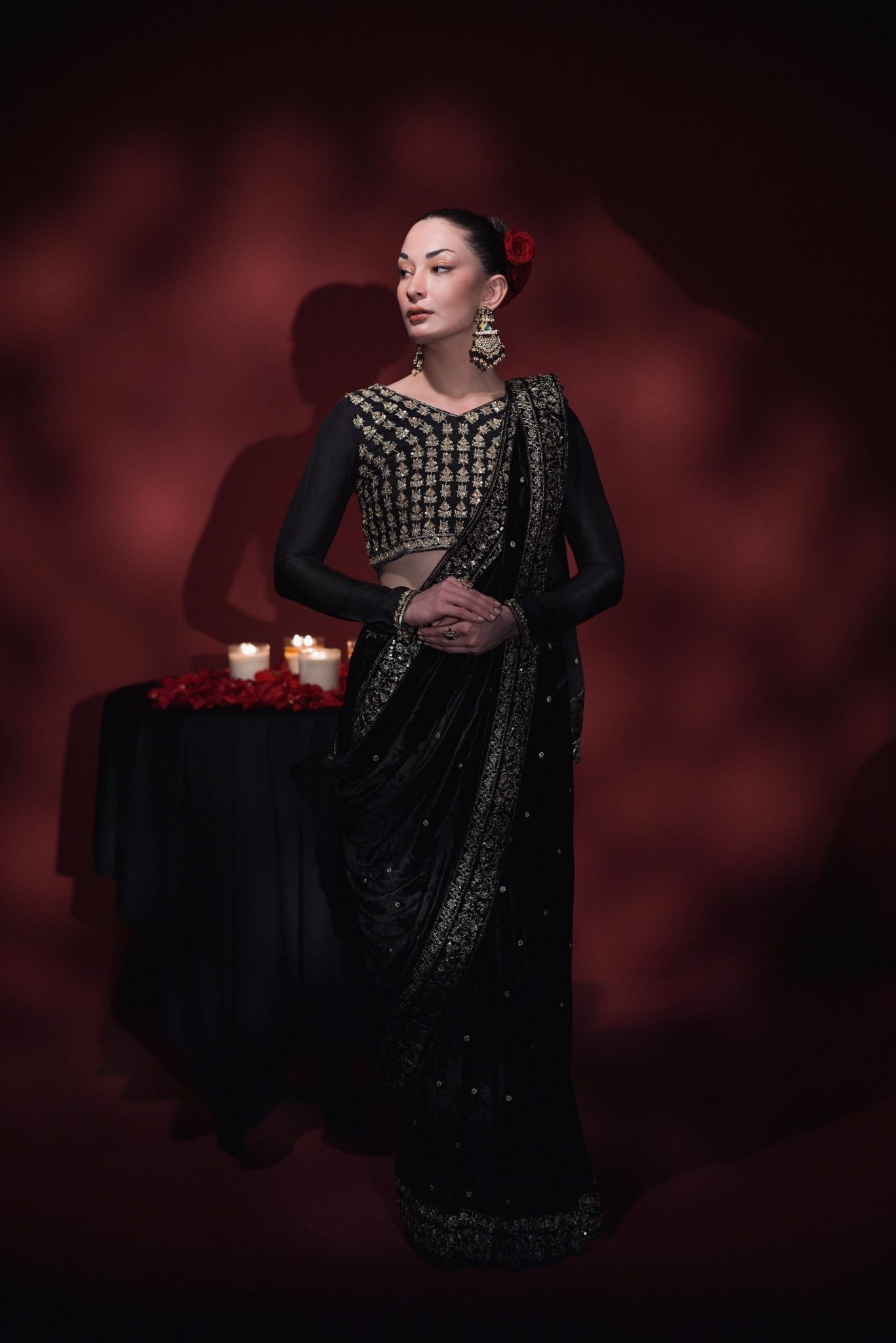 Pakistani Black Zari & Crystal Velvet Saree (2-Piece) - Image 8