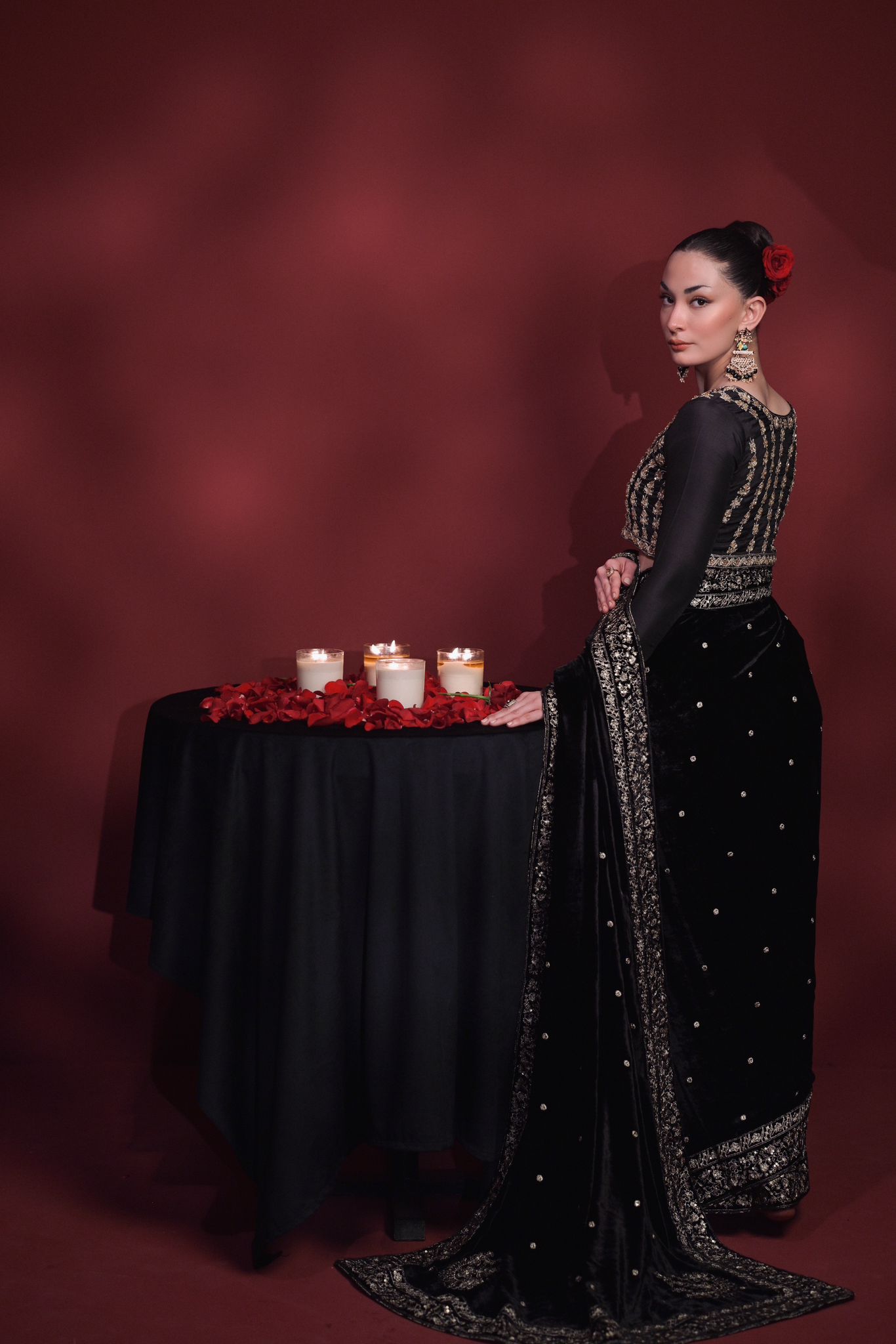 Pakistani Black Zari & Crystal Velvet Saree (2-Piece) - Image 9