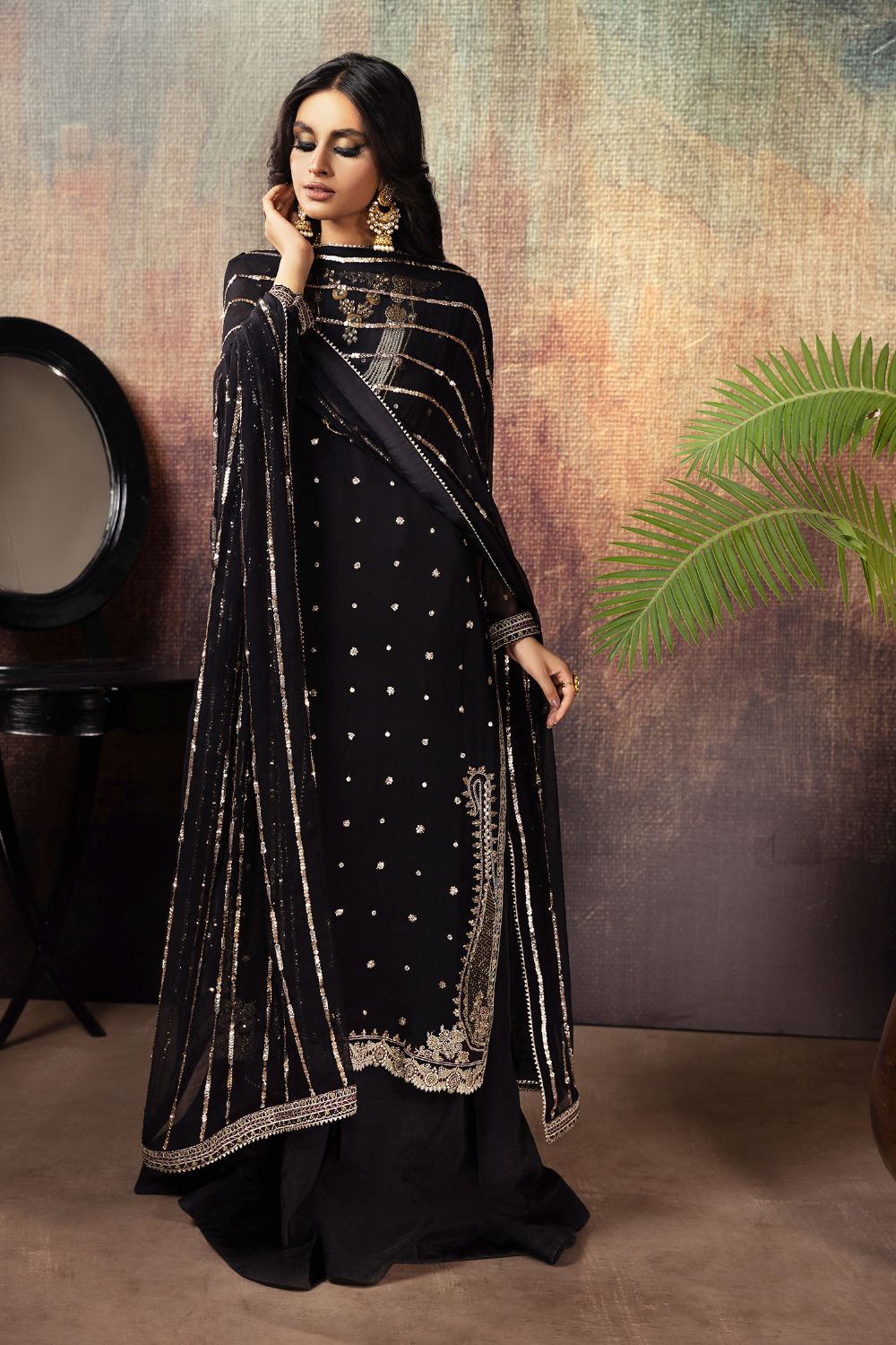 Pakistani Black Adda Work Chiffon Sharara Set (3-Piece) - Image 1
