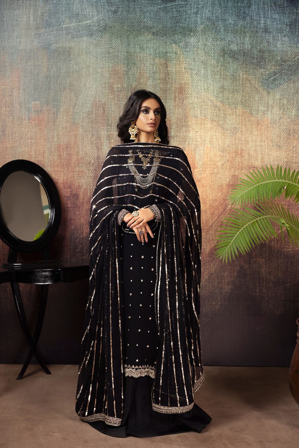 Pakistani Black Adda Work Chiffon Sharara Set (3-Piece) - Image 3
