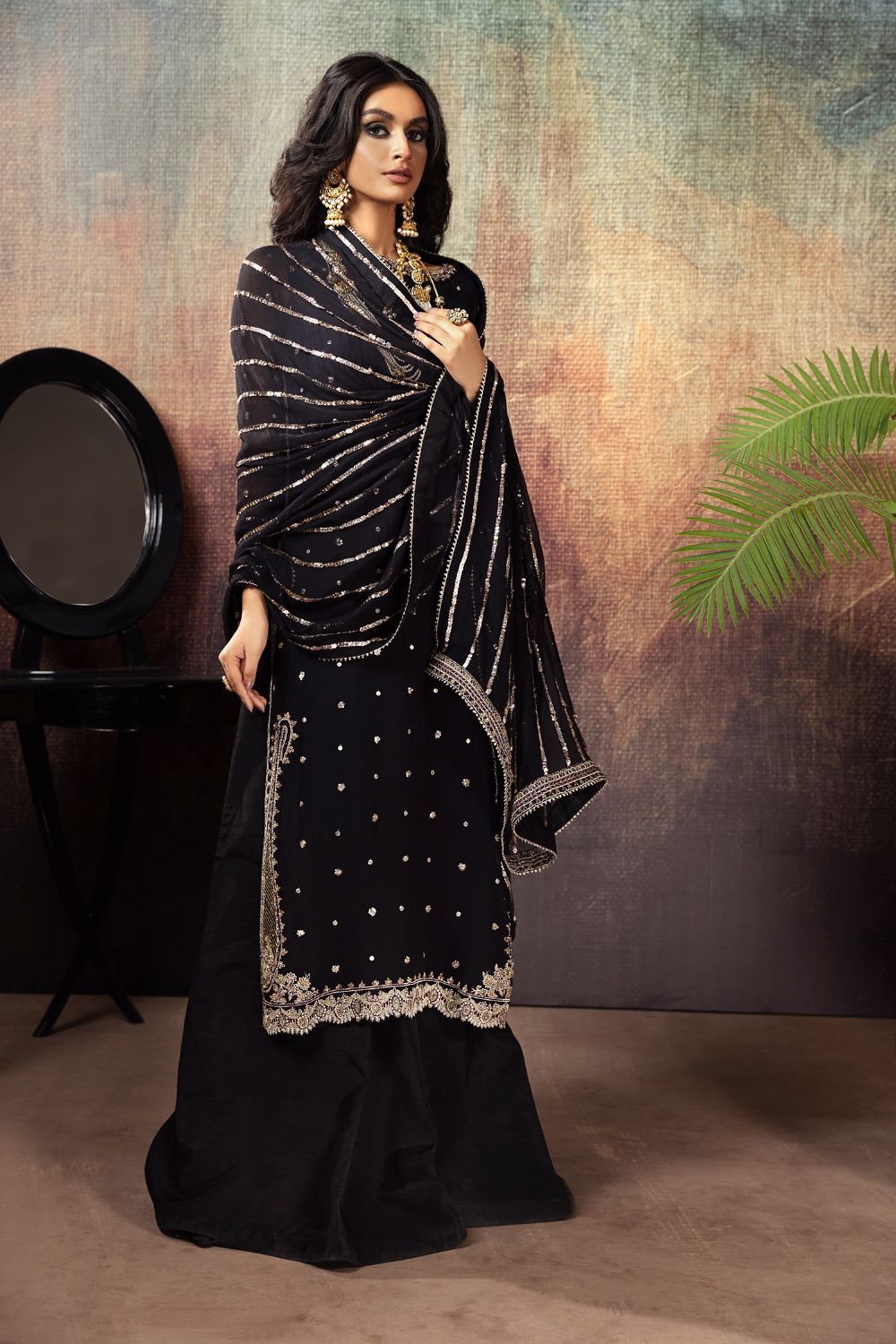 Pakistani Black Adda Work Chiffon Sharara Set (3-Piece) - Image 4