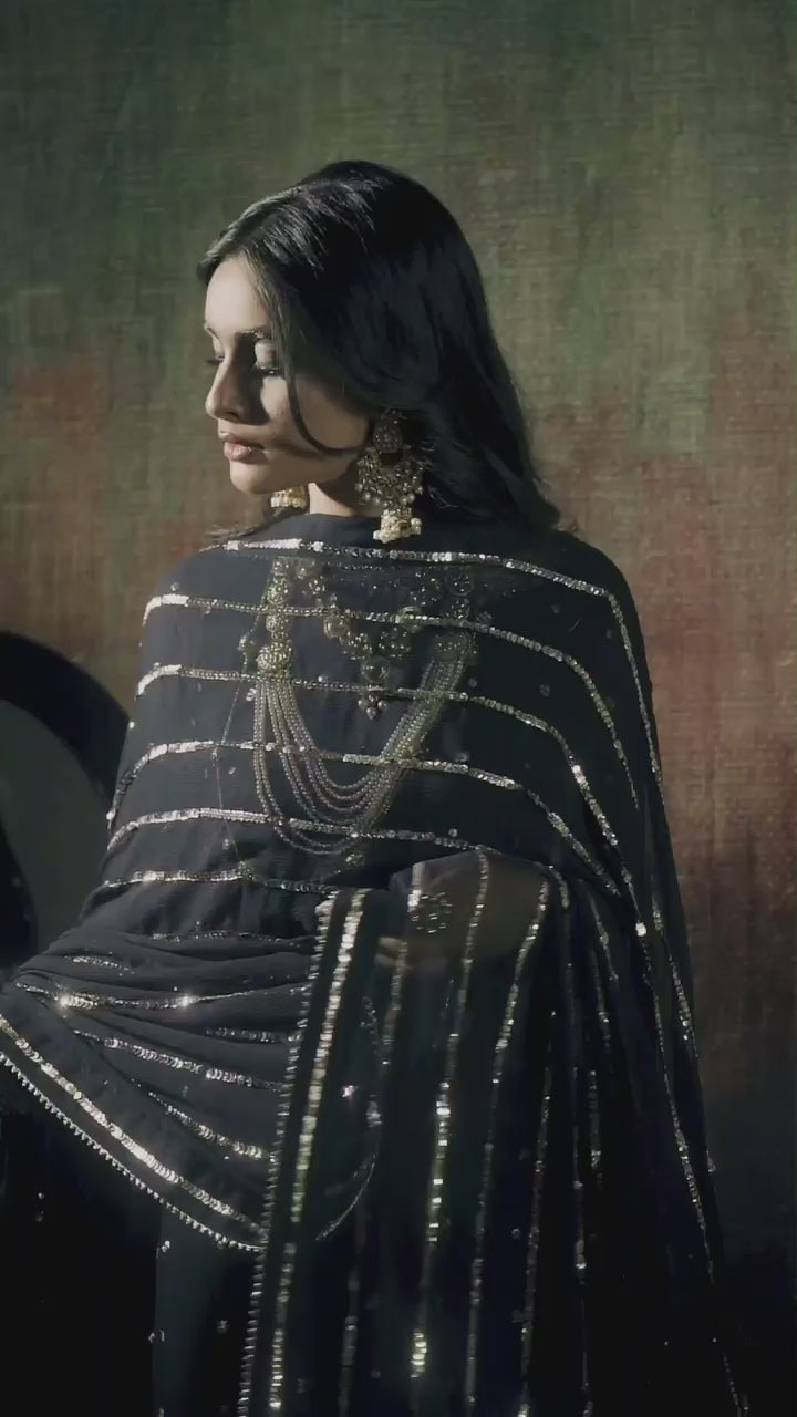 Pakistani Black Adda Work Chiffon Sharara Set (3-Piece) - Image 5