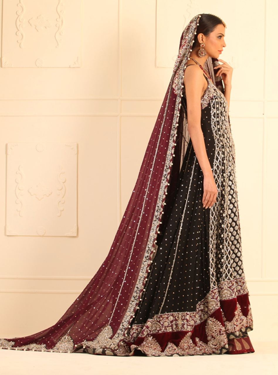 Pakistani Black Embellished Chiffon Bridal Sharara (3-Piece) - Image 2