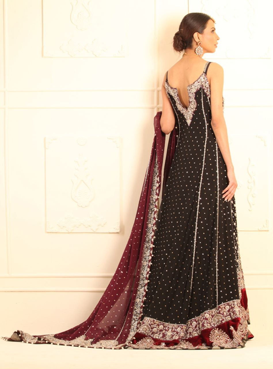 Pakistani Black Embellished Chiffon Bridal Sharara (3-Piece) - Image 3