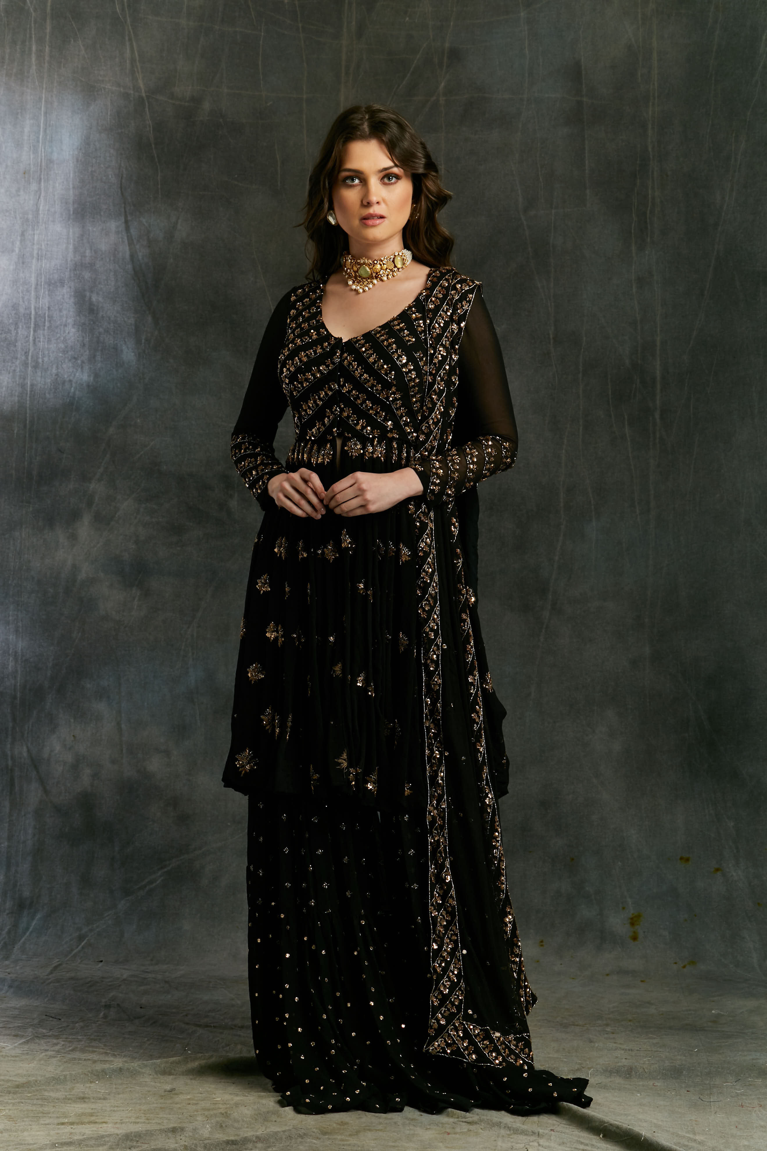 Black Gold Embroidered Georgette Jacket Sharara (3-Piece) - Image 1