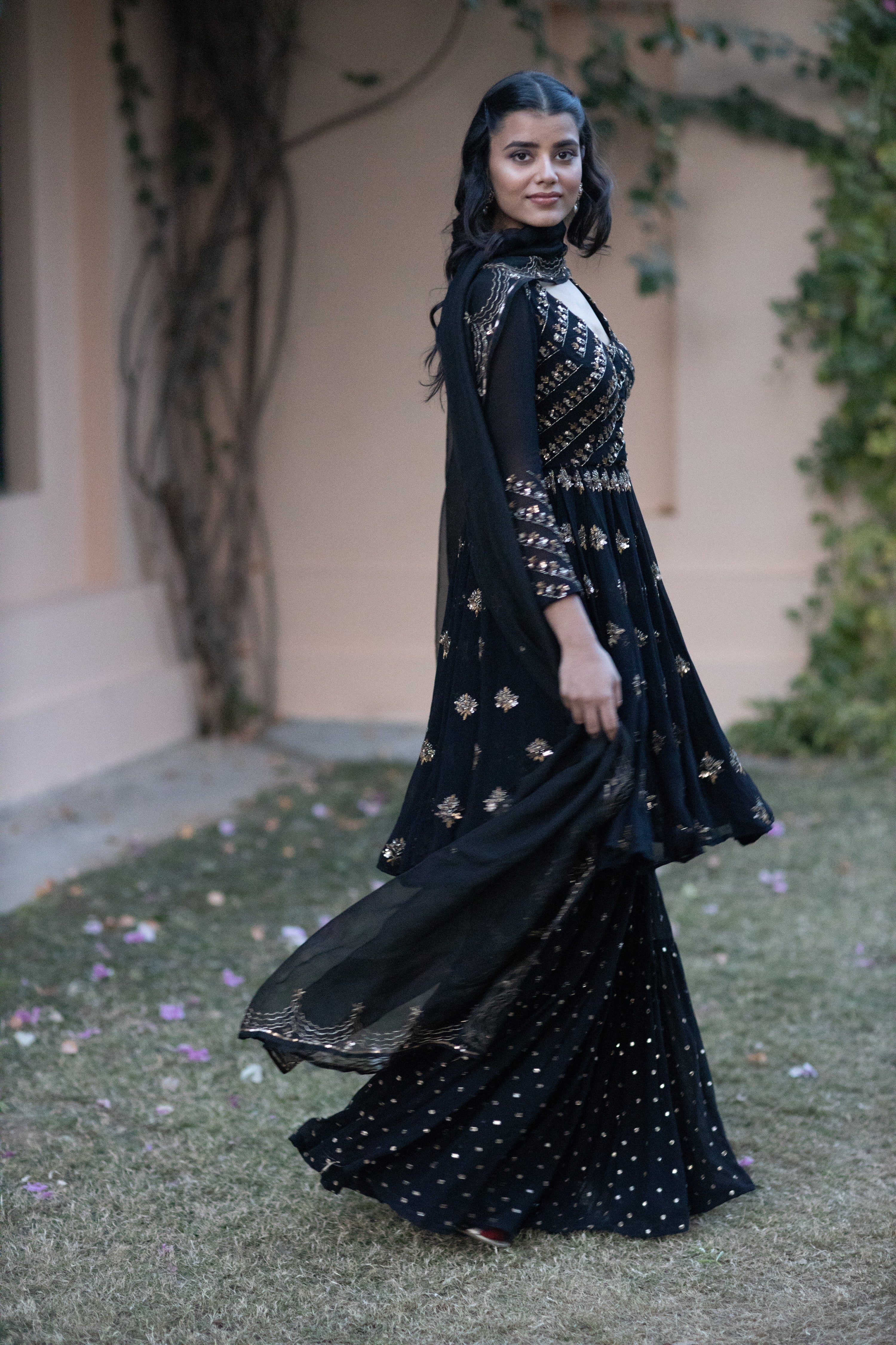Black Gold Embroidered Georgette Jacket Sharara (3-Piece) - Image 2