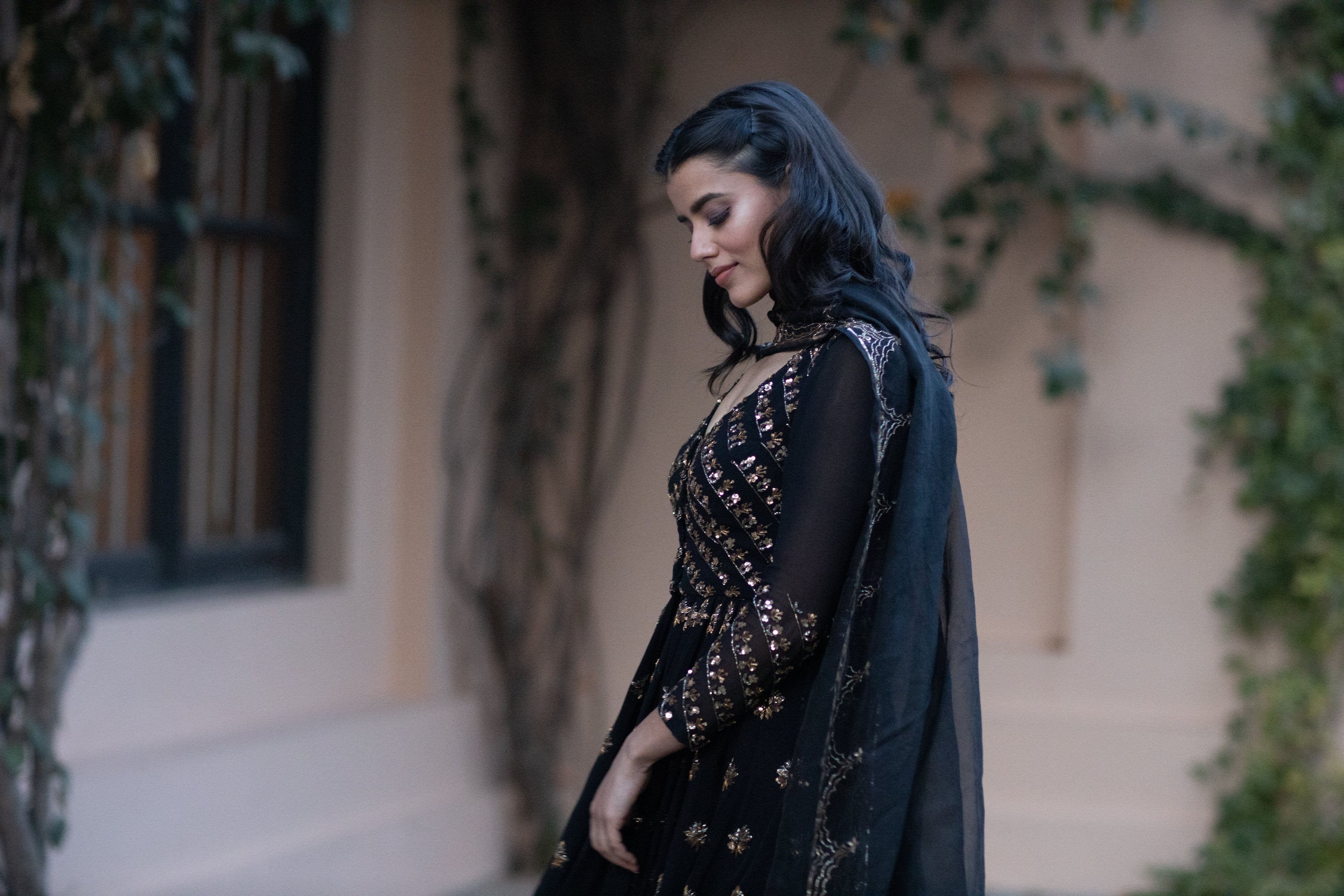 Black Gold Embroidered Georgette Jacket Sharara (3-Piece) - Image 3