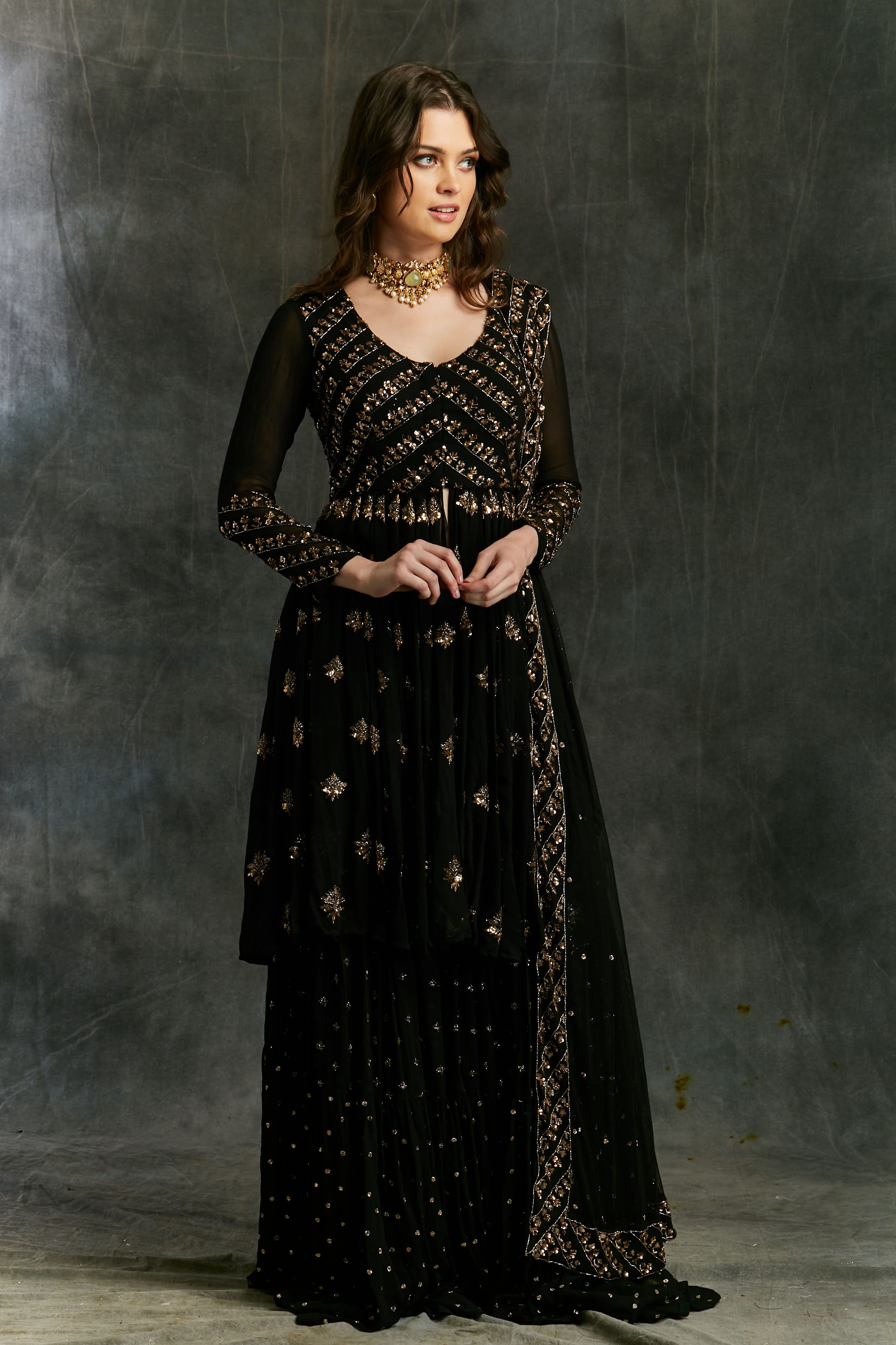 Black Gold Embroidered Georgette Jacket Sharara (3-Piece) - Image 4