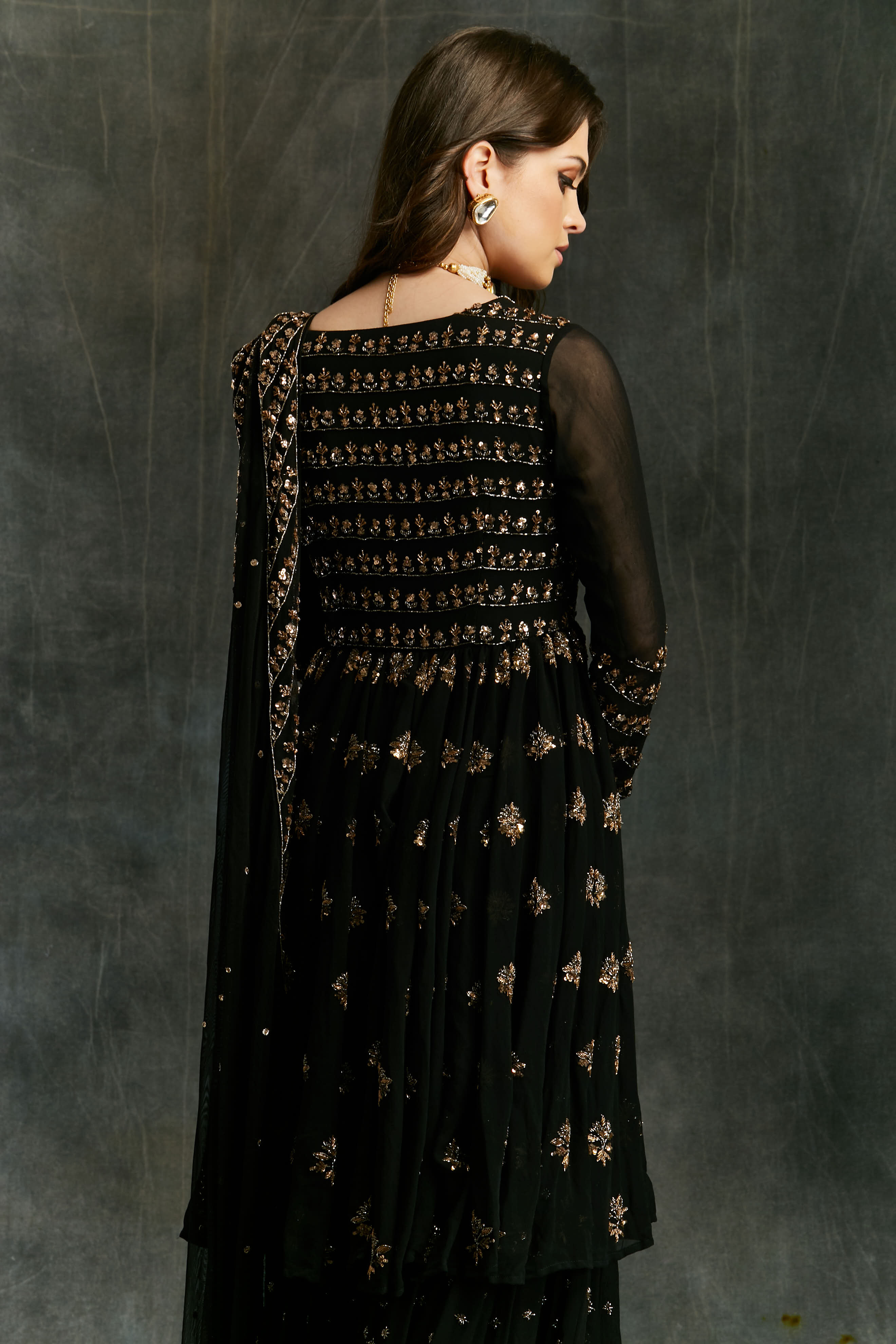 Black Gold Embroidered Georgette Jacket Sharara (3-Piece) - Image 5