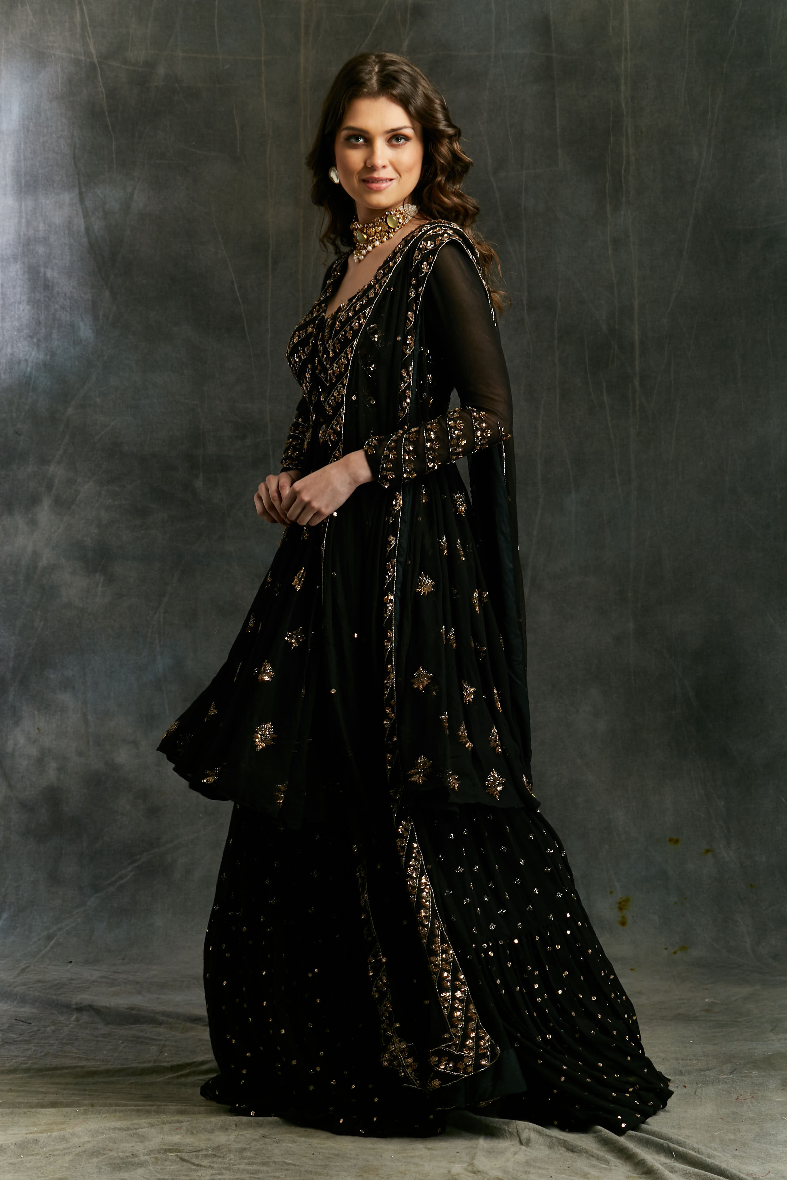 Black Gold Embroidered Georgette Jacket Sharara (3-Piece) - Image 6