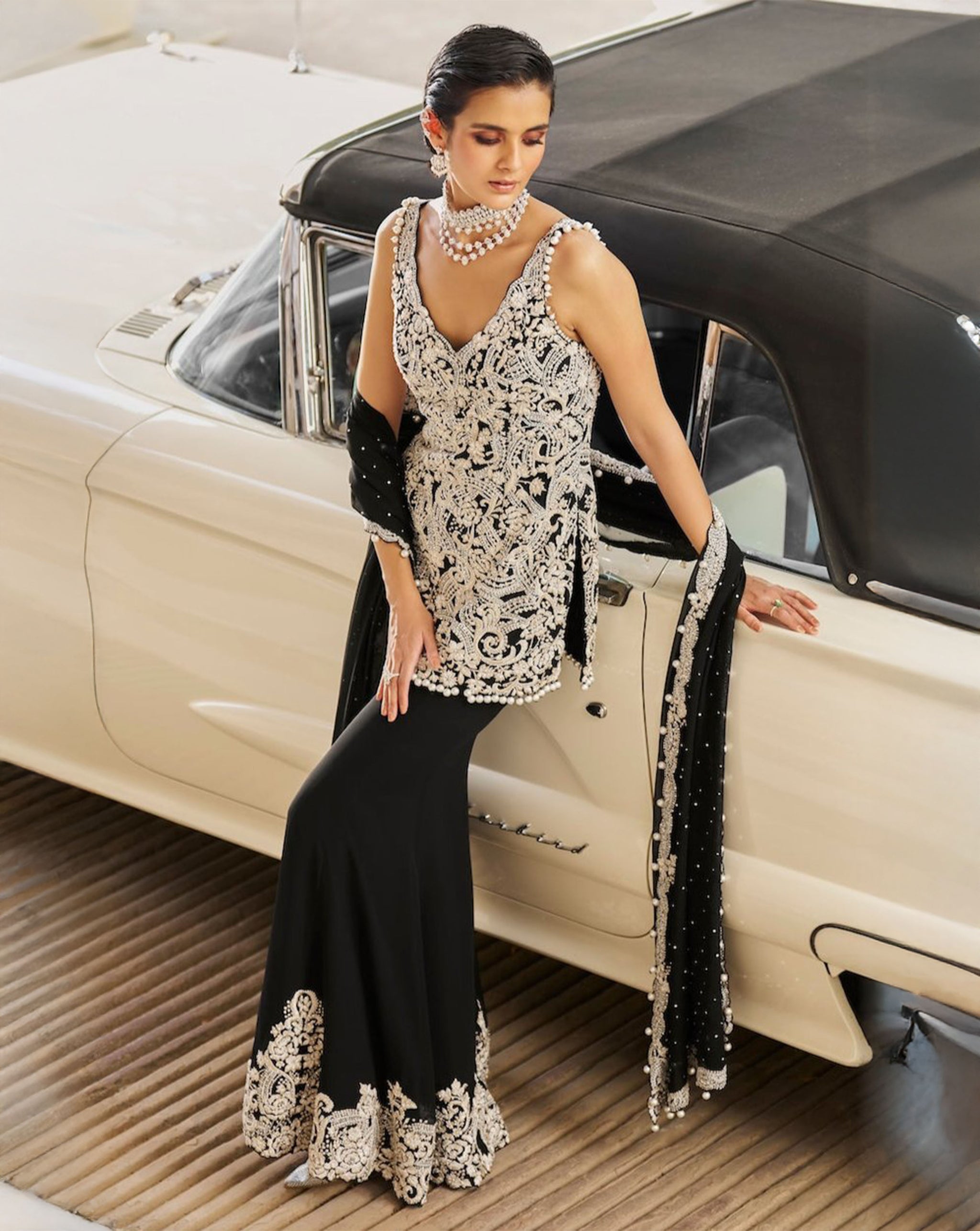 Black Pearl & Crystal Georgette Sharara (3-Piece) - Image 2