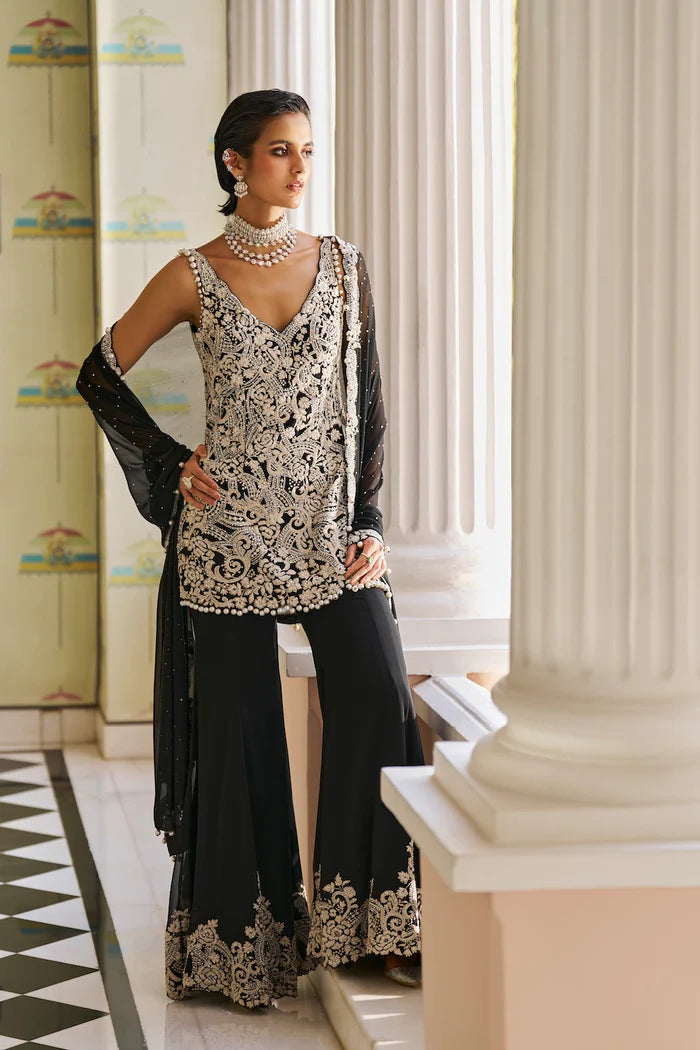 Black Pearl & Crystal Georgette Sharara (3-Piece) - Image 3