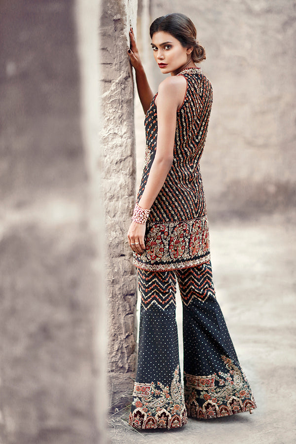 Black Embroidered Georgette Sharara Set (2-Piece) - Image 2