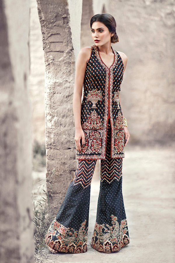 Black Embroidered Georgette Sharara Set (2-Piece) - Image 4