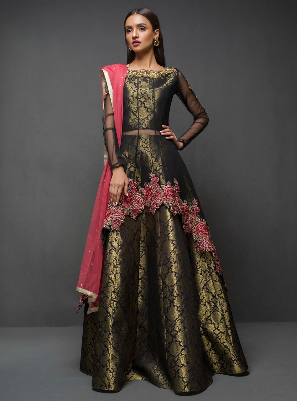 Pakistani Black Embroidered Net Peplum with Jamawar Sharara (3-Piece) - Image 1