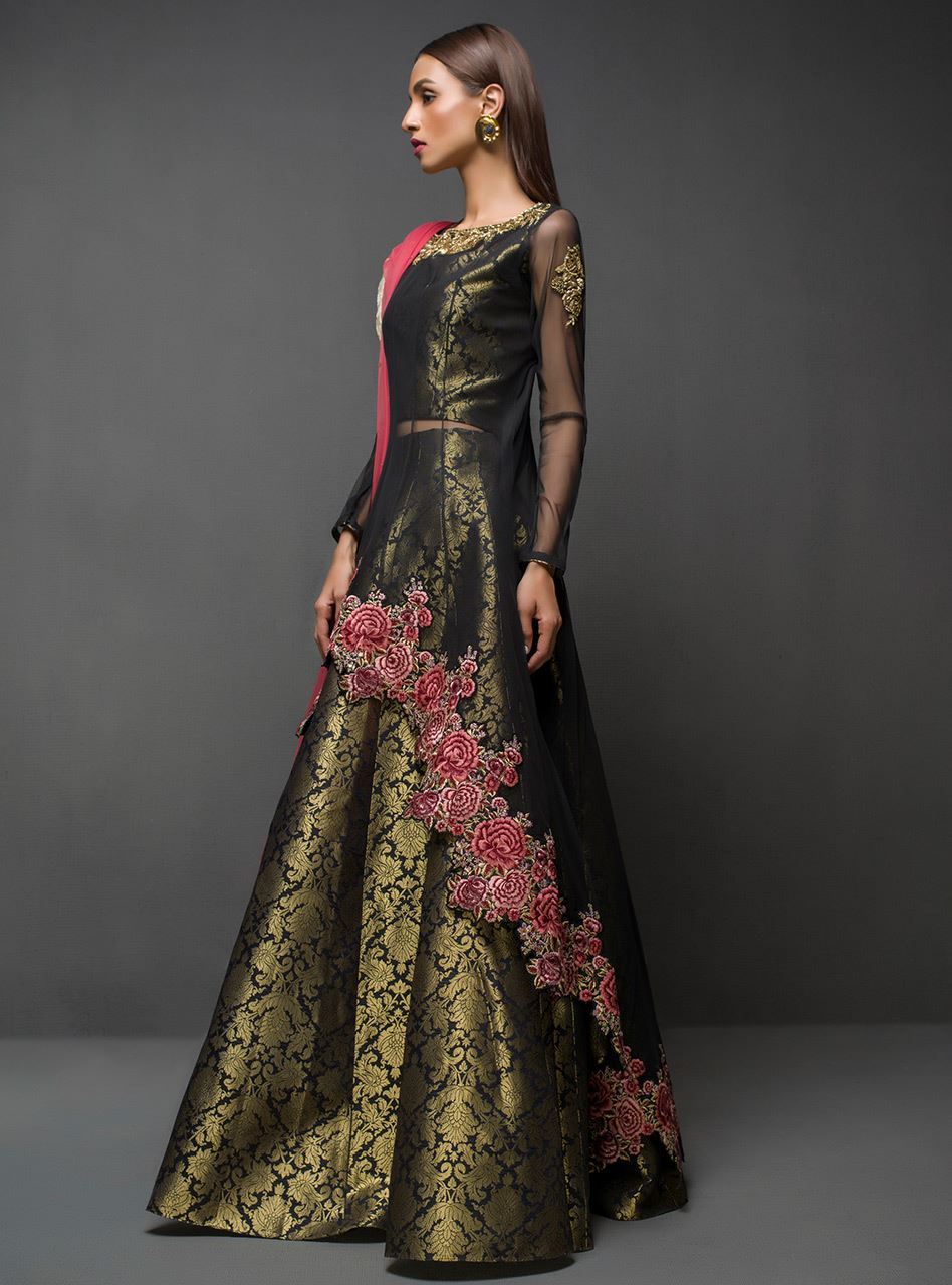 Pakistani Black Embroidered Net Peplum with Jamawar Sharara (3-Piece) - Image 2