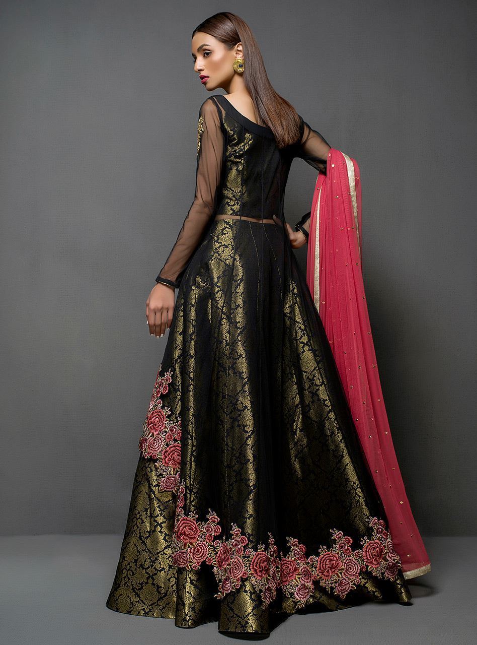 Pakistani Black Embroidered Net Peplum with Jamawar Sharara (3-Piece) - Image 3