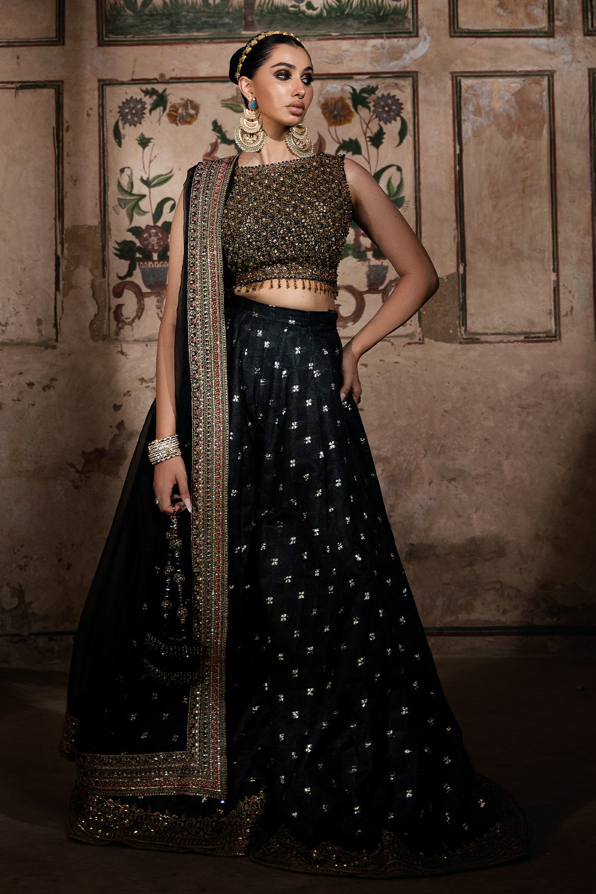 Pakistani Black Embellished Organza & Jamawar Sharara (3-Piece) - Image 1