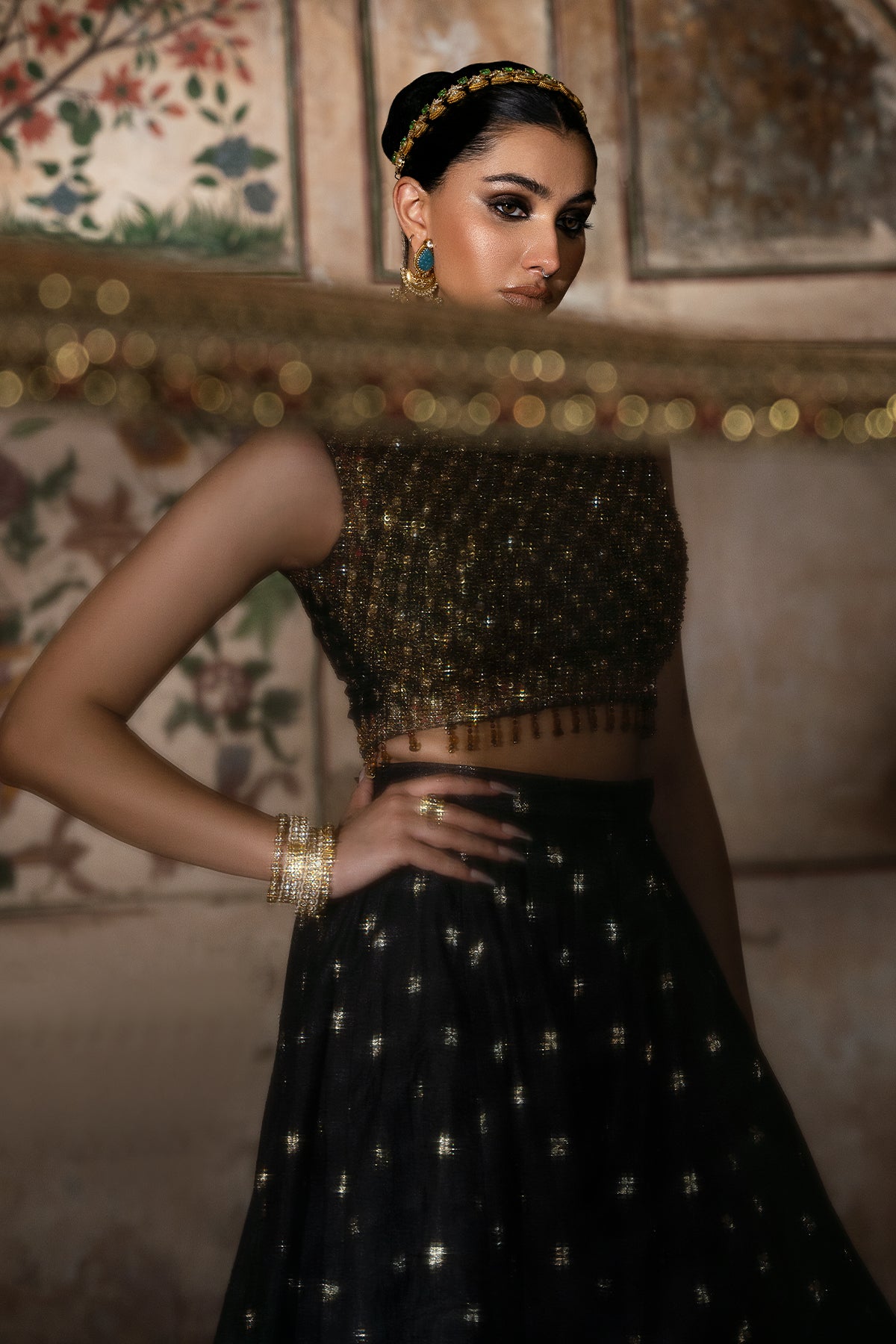 Pakistani Black Embellished Organza & Jamawar Sharara (3-Piece) - Image 4