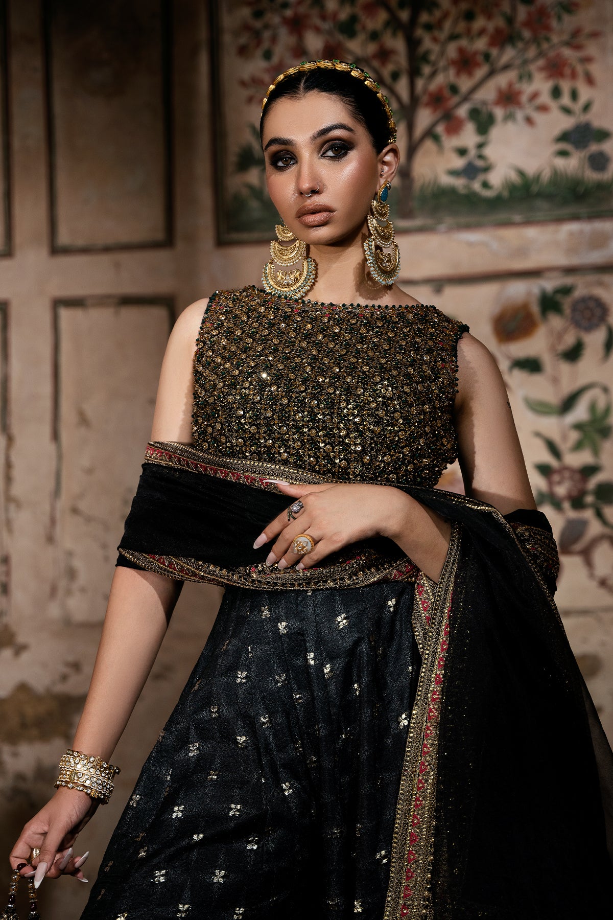 Pakistani Black Embellished Organza & Jamawar Sharara (3-Piece) - Image 5