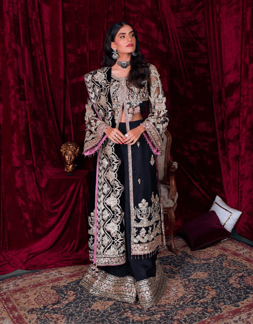 Pakistani Black Embroidered Net Sharara (3-Piece) - Image 1