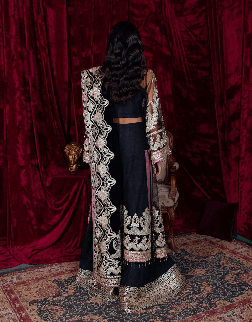 Pakistani Black Embroidered Net Sharara (3-Piece) - Image 3