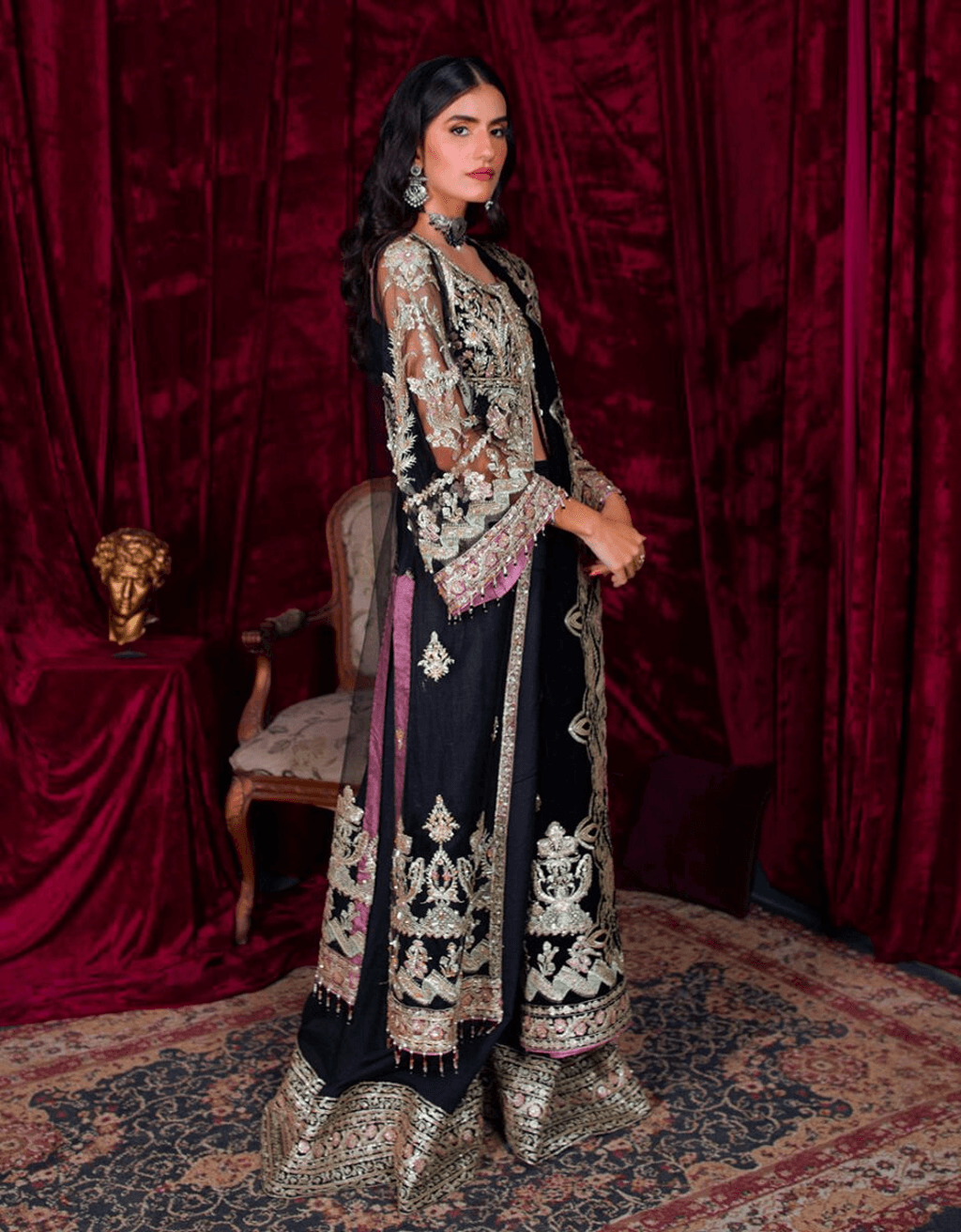 Pakistani Black Embroidered Net Sharara (3-Piece) - Image 4