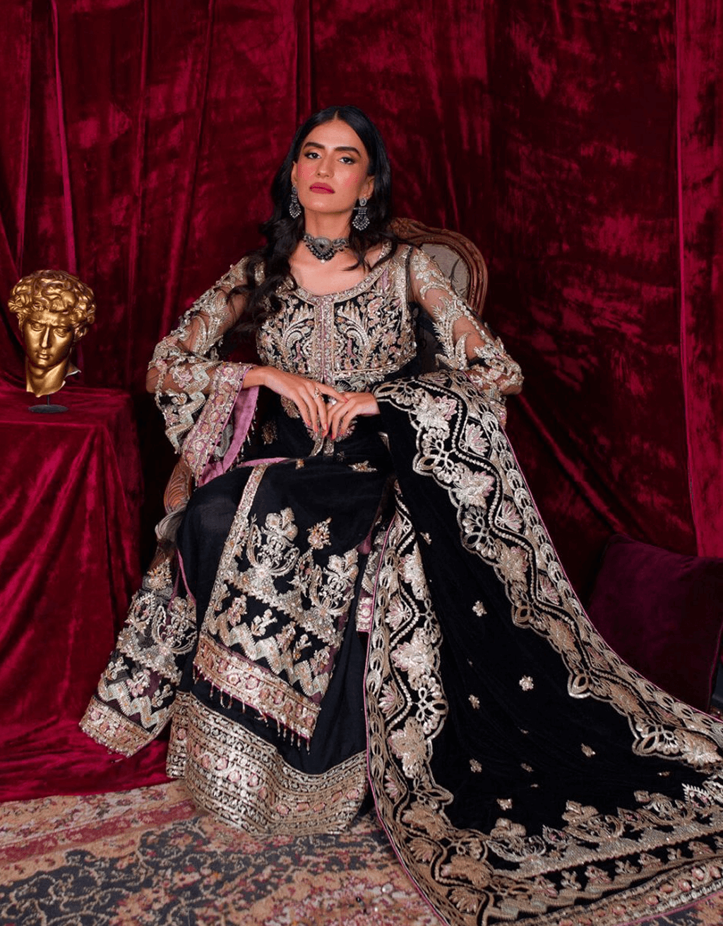 Pakistani Black Embroidered Net Sharara (3-Piece) - Image 5