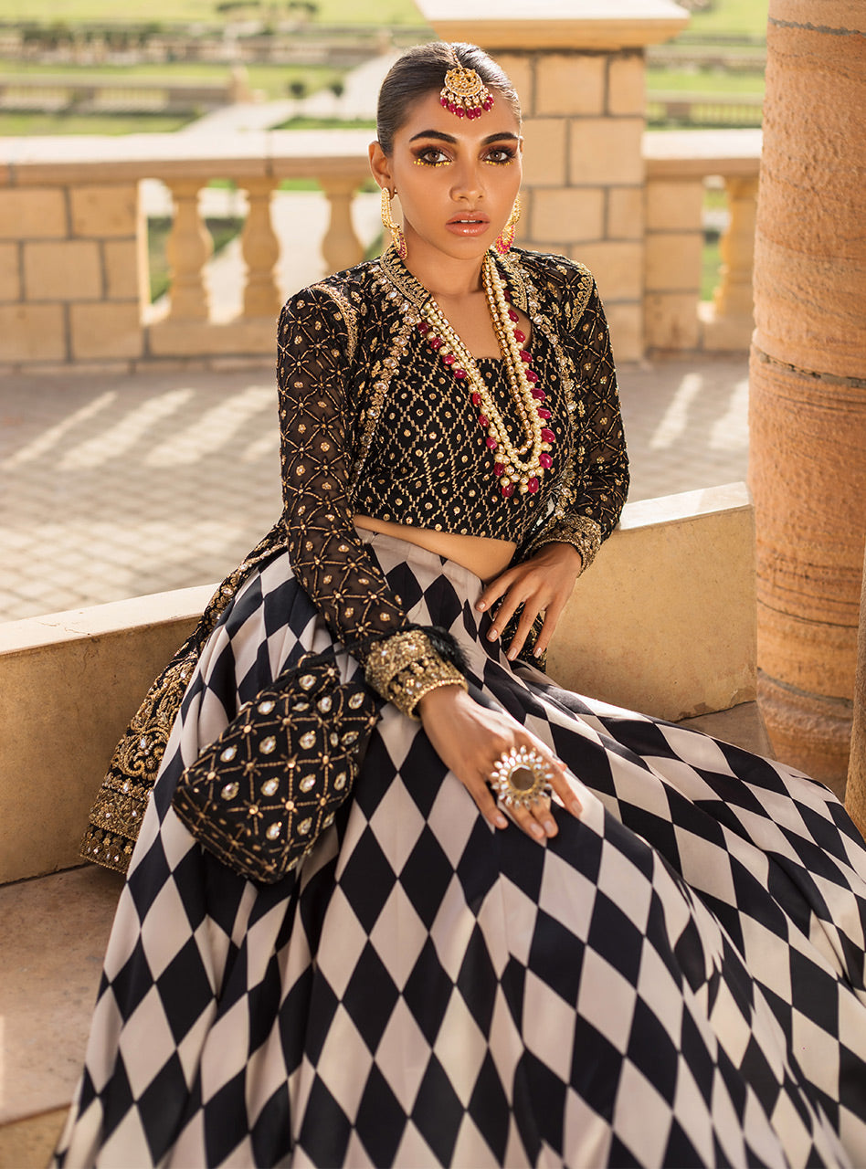 Pakistani Black Embroidered Net Short Jacket Sharara (2-Piece) - Image 3