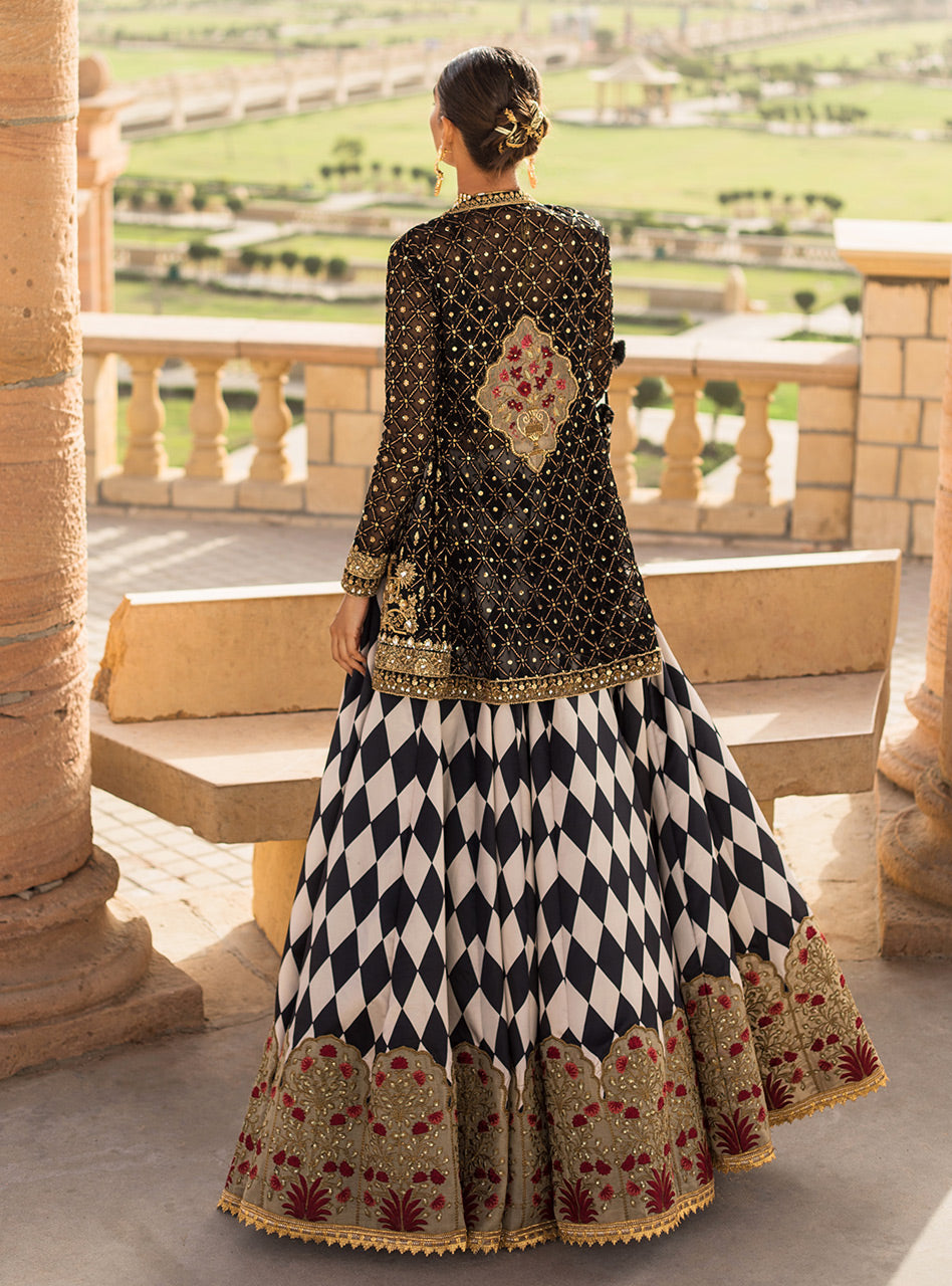 Pakistani Black Embroidered Net Short Jacket Sharara (2-Piece) - Image 5