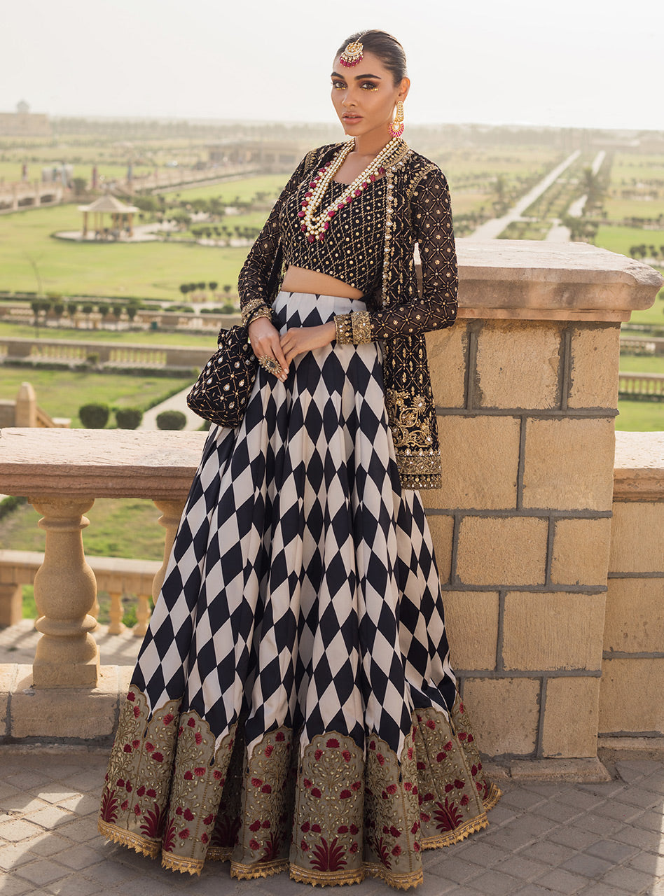 Pakistani Black Embroidered Net Short Jacket Sharara (2-Piece) - Image 7