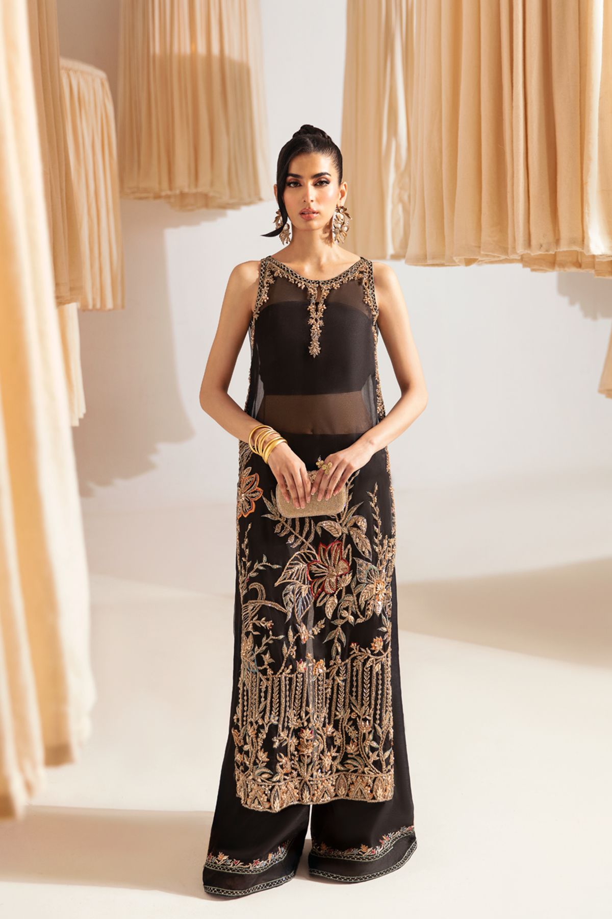 Pakistani Black Embroidered Organza Long Shirt with Silk Sharara (2-Piece) - Image 1