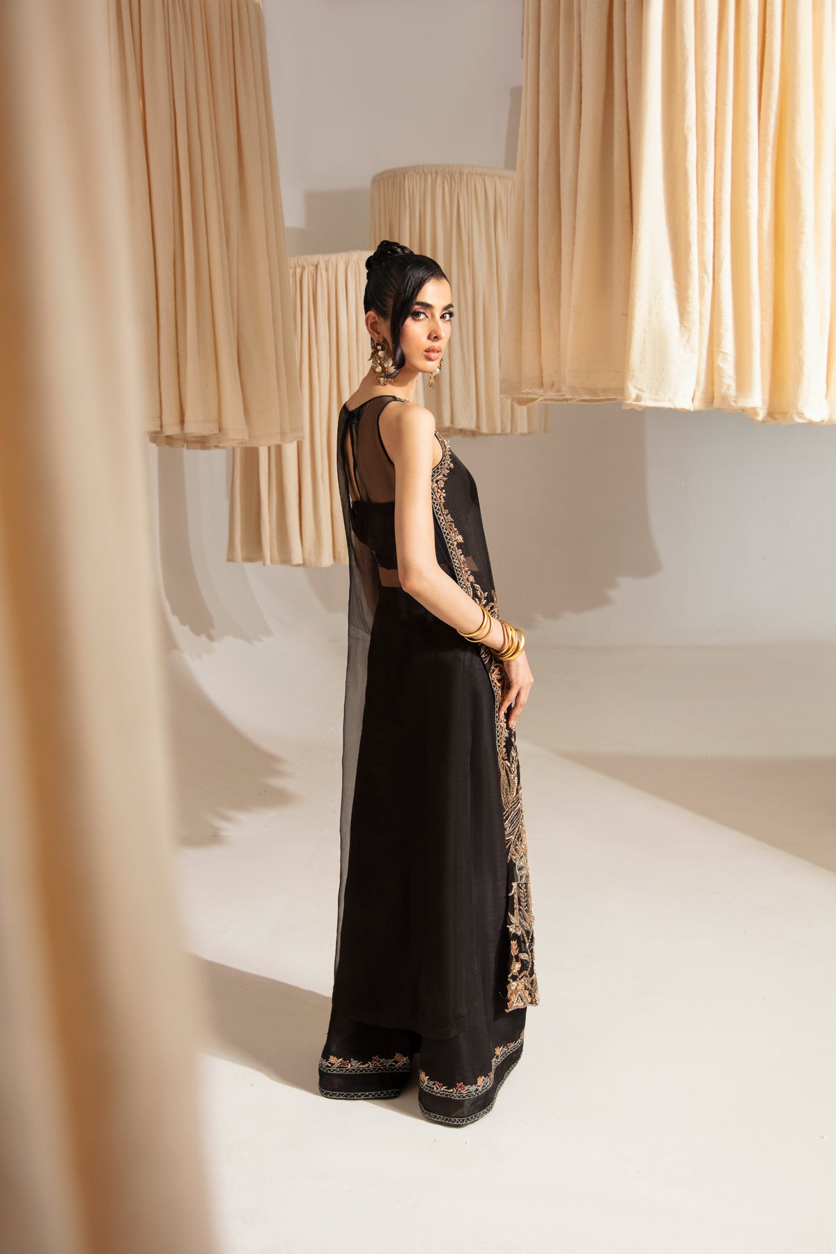 Pakistani Black Embroidered Organza Long Shirt with Silk Sharara (2-Piece) - Image 2