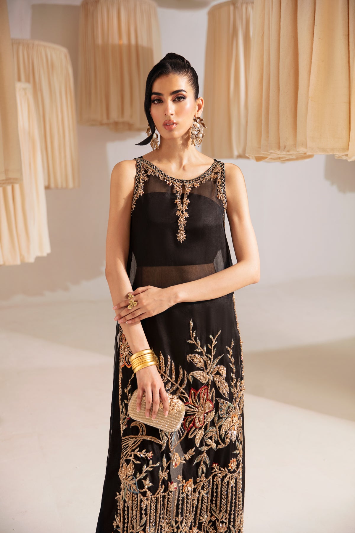 Pakistani Black Embroidered Organza Long Shirt with Silk Sharara (2-Piece) - Image 3