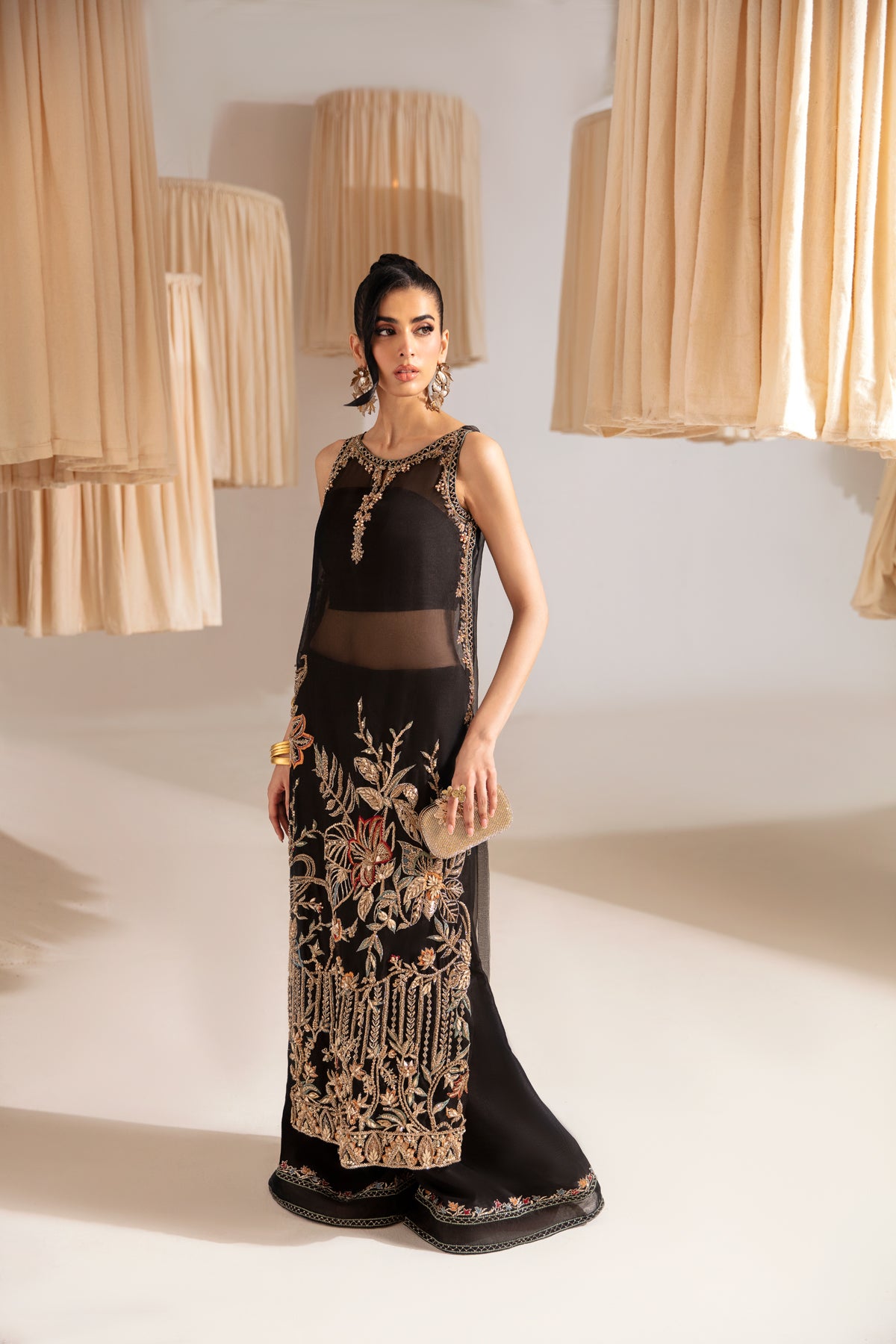 Pakistani Black Embroidered Organza Long Shirt with Silk Sharara (2-Piece) - Image 4