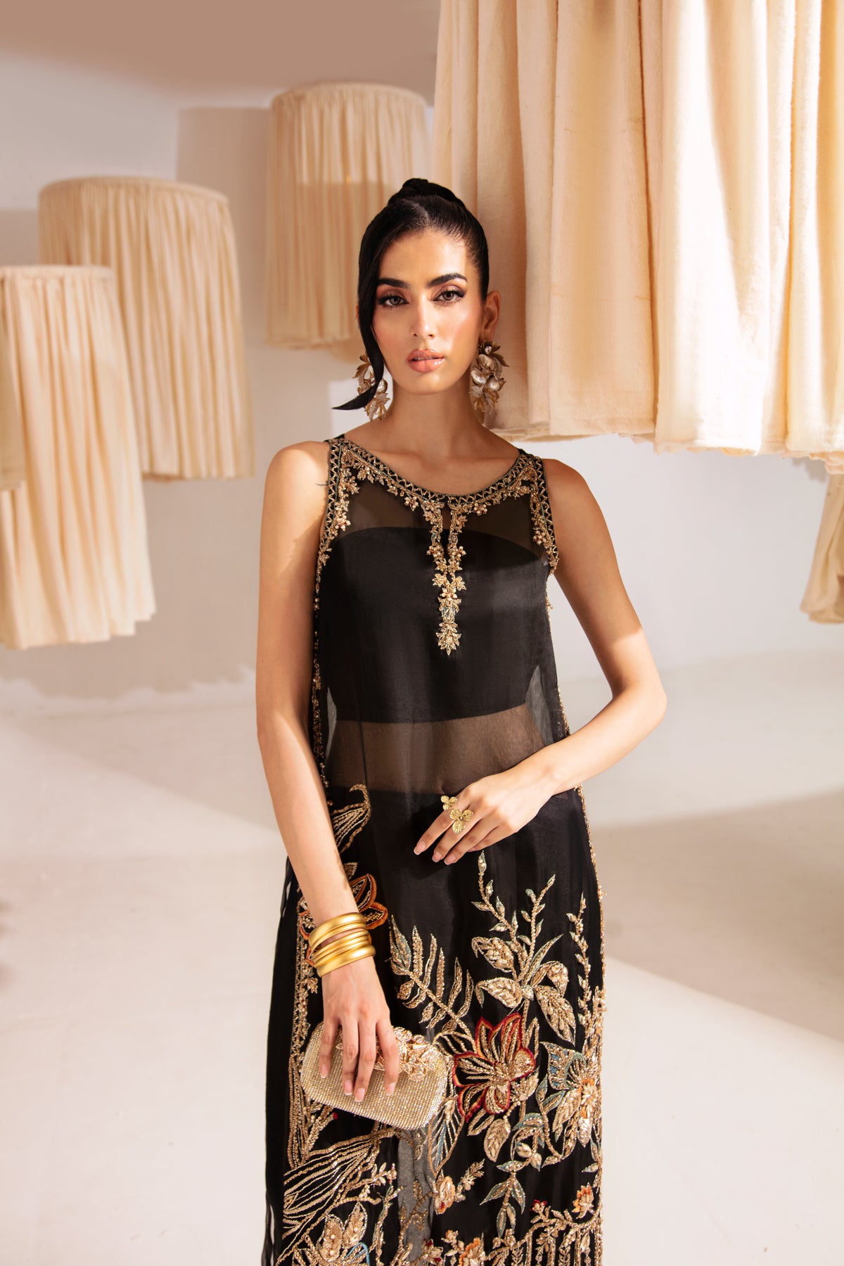 Pakistani Black Embroidered Organza Long Shirt with Silk Sharara (2-Piece) - Image 5