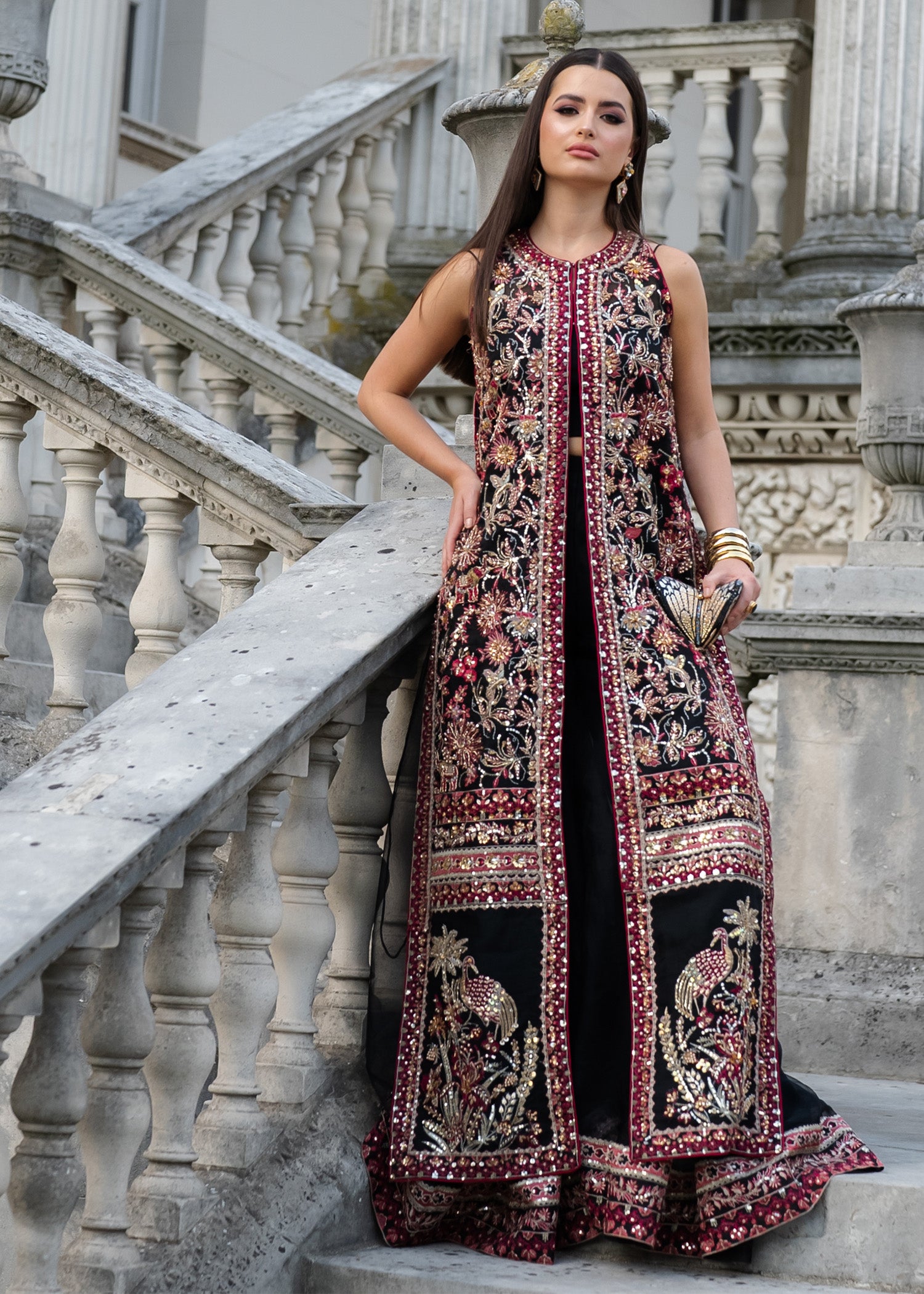 Pakistani Black Embroidered Organza Sharara Set (2-Piece) - Image 1