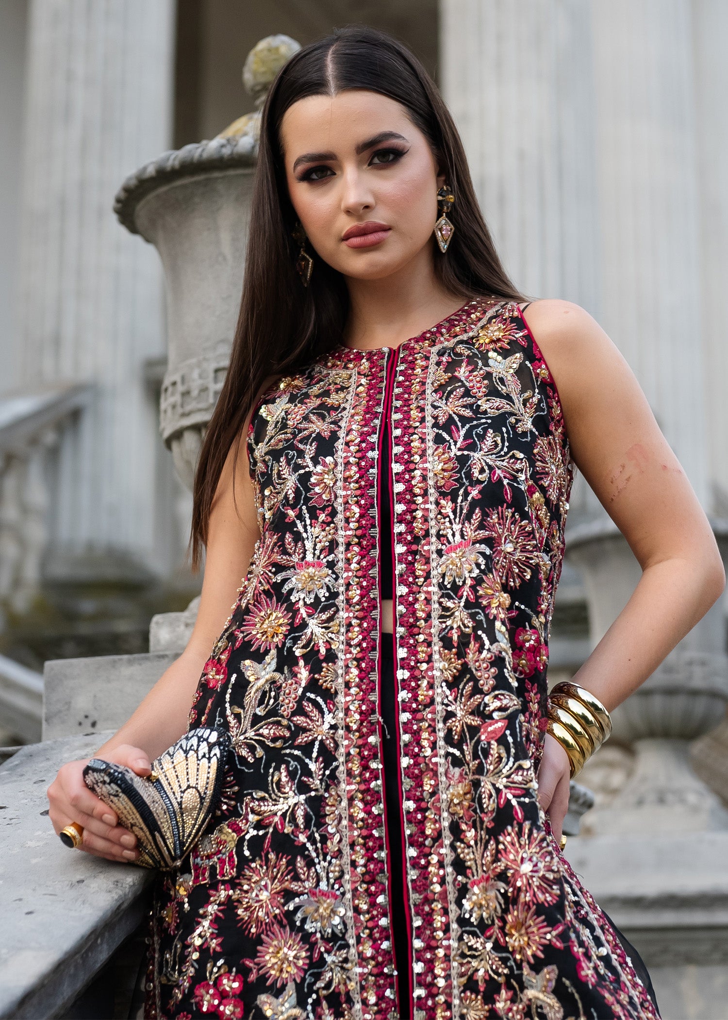 Pakistani Black Embroidered Organza Sharara Set (2-Piece) - Image 2